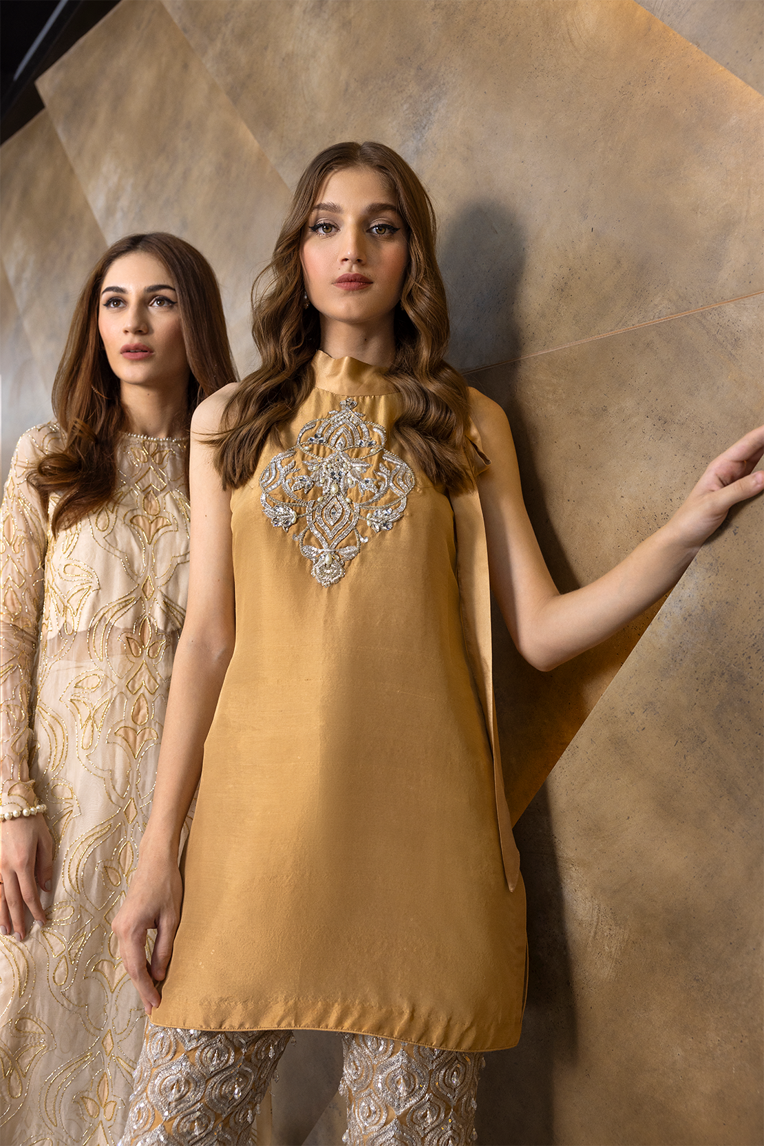 Pakistani Gold Embroidered Raw Silk Short Shirt & Silver Trousers (2-Piece) - Image 8