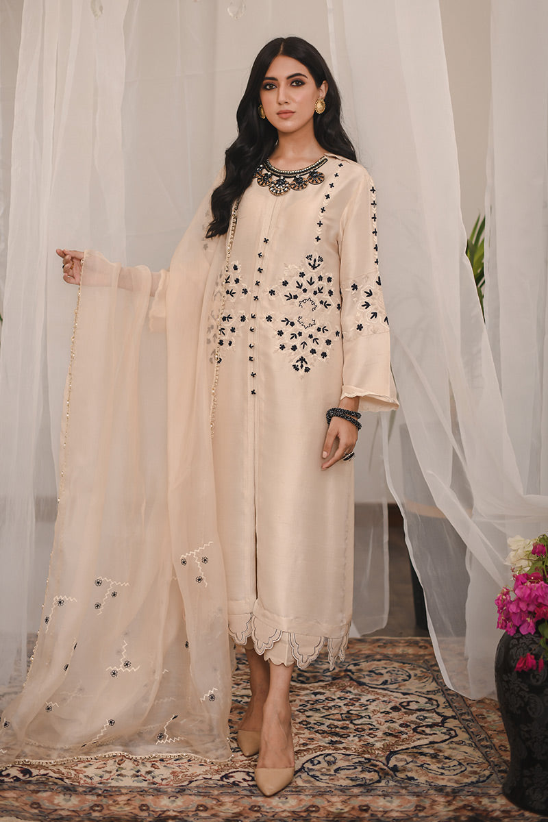 Pakistani Gold Beige Embroidered Raw Silk Salwar Kameez (3-Piece) - Image 1