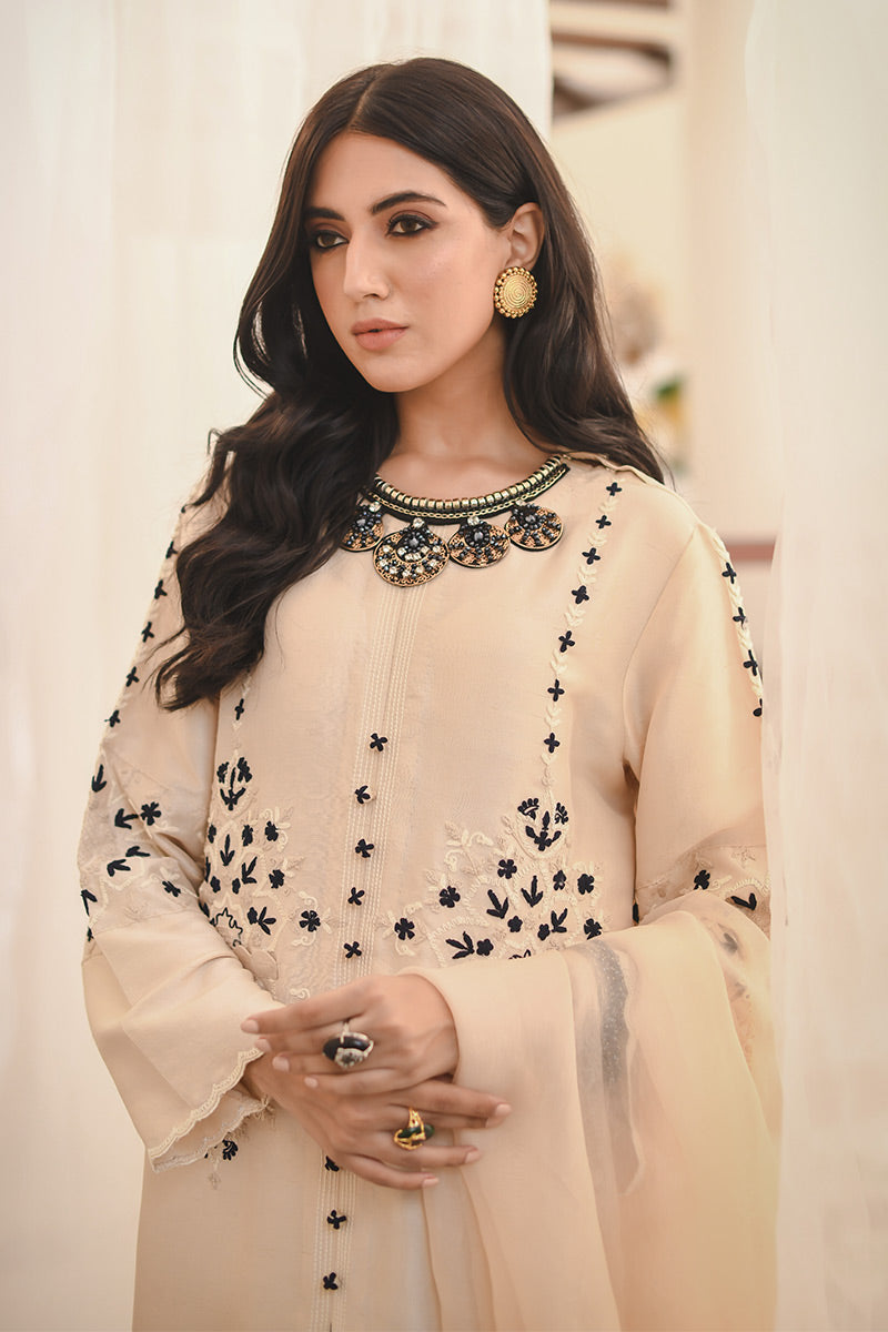 Pakistani Gold Beige Embroidered Raw Silk Salwar Kameez (3-Piece) - Image 2