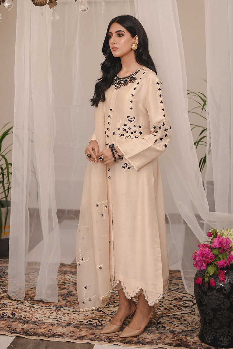 Pakistani Gold Beige Embroidered Raw Silk Salwar Kameez (3-Piece) - Image 5
