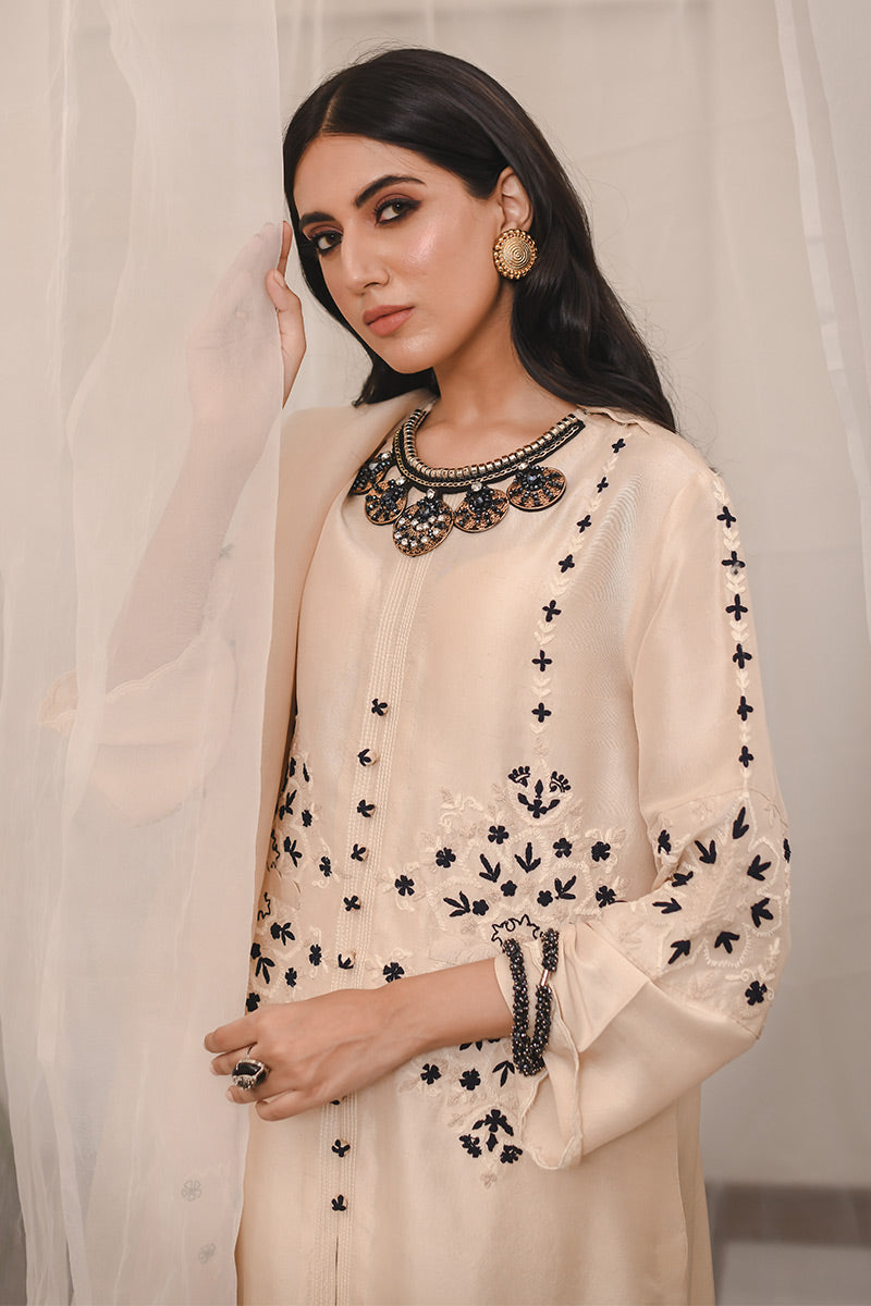 Pakistani Gold Beige Embroidered Raw Silk Salwar Kameez (3-Piece) - Image 6