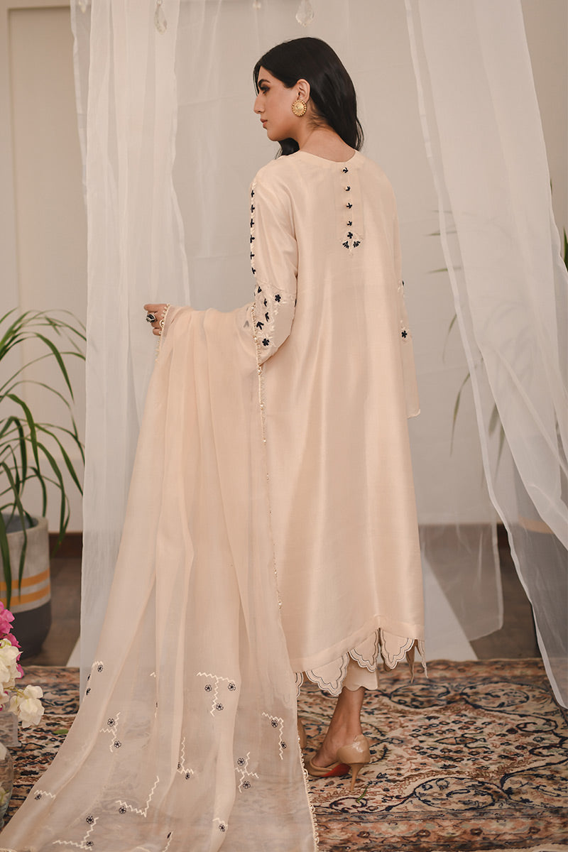 Pakistani Gold Beige Embroidered Raw Silk Salwar Kameez (3-Piece) - Image 7