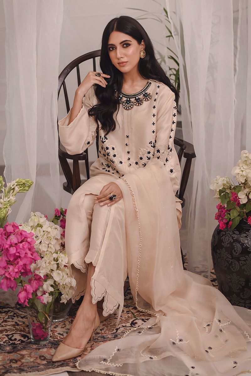 Pakistani Gold Beige Embroidered Raw Silk Salwar Kameez (3-Piece) - Image 8