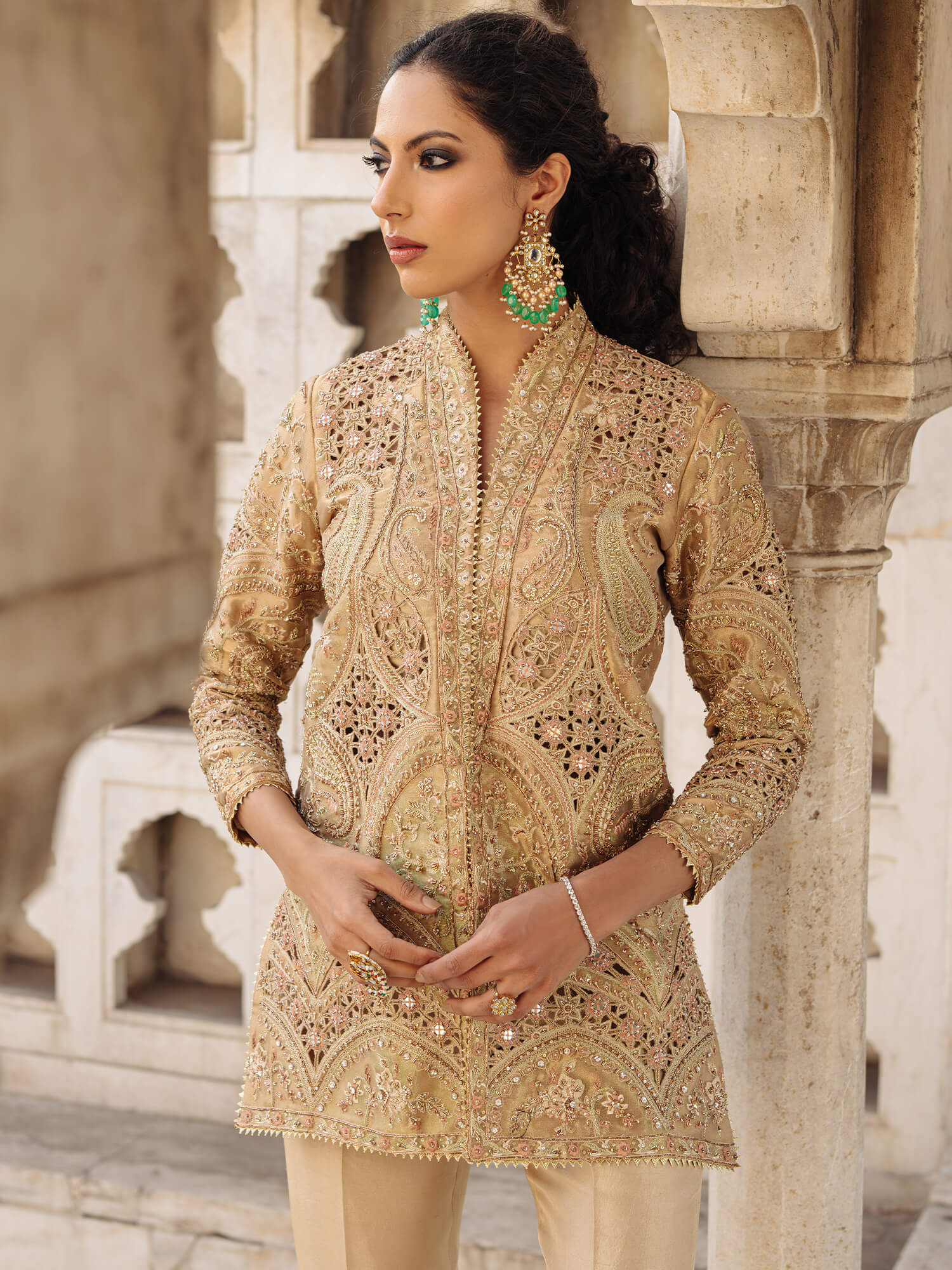 Gold Zardozi Tissue & Raw Silk Jacket Set (3-Piece) - Image 2