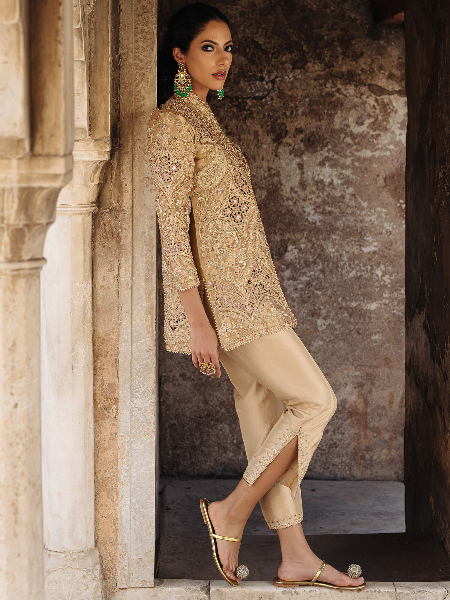 Gold Zardozi Tissue & Raw Silk Jacket Set (3-Piece) - Image 3