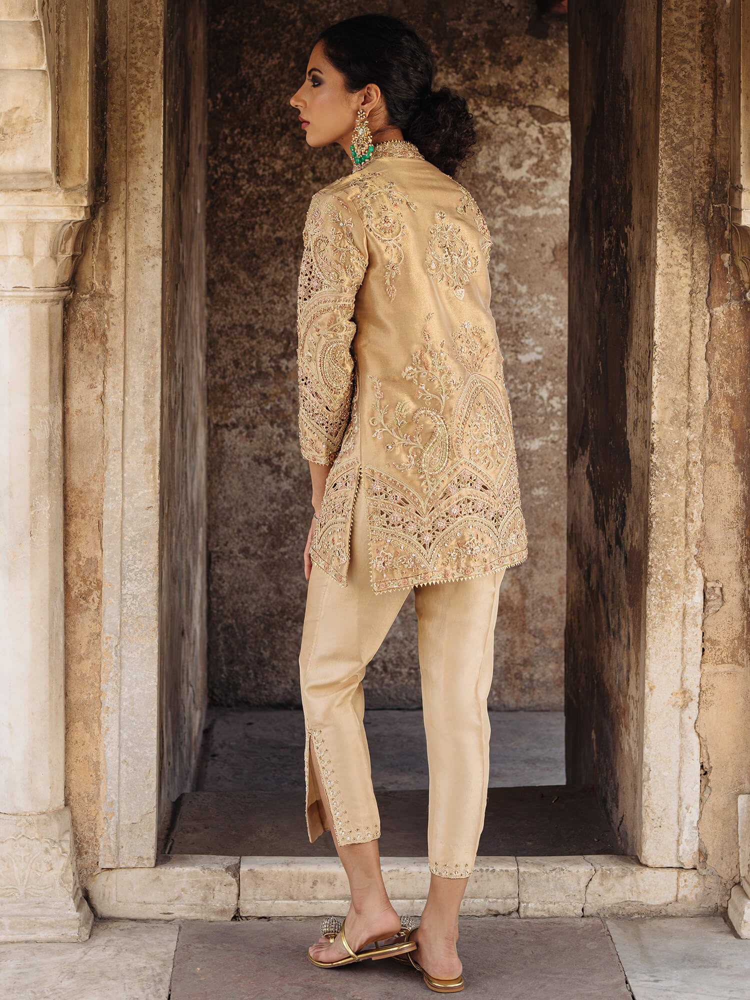 Gold Zardozi Tissue & Raw Silk Jacket Set (3-Piece) - Image 4