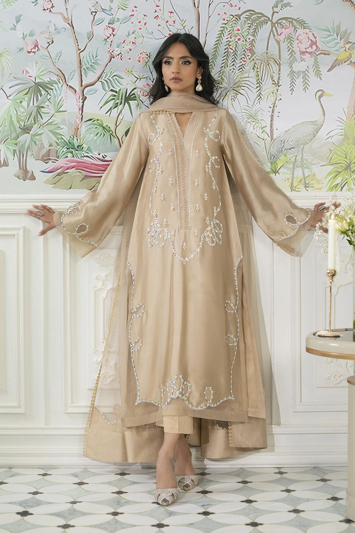 Gold-Sand Embellished Sheesha Silk Salwar Kameez (3-Piece) - Image 1