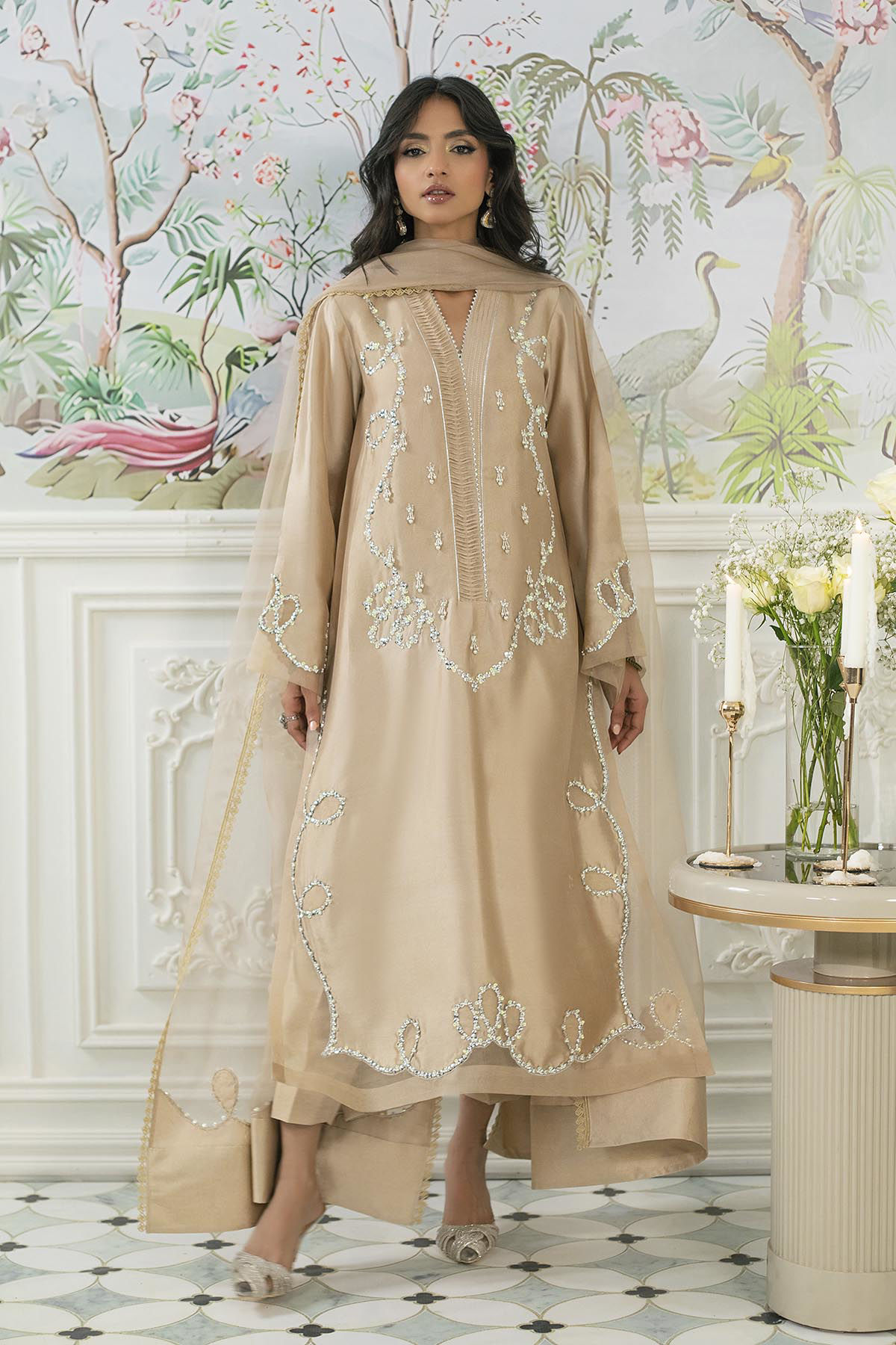Gold-Sand Embellished Sheesha Silk Salwar Kameez (3-Piece) - Image 3