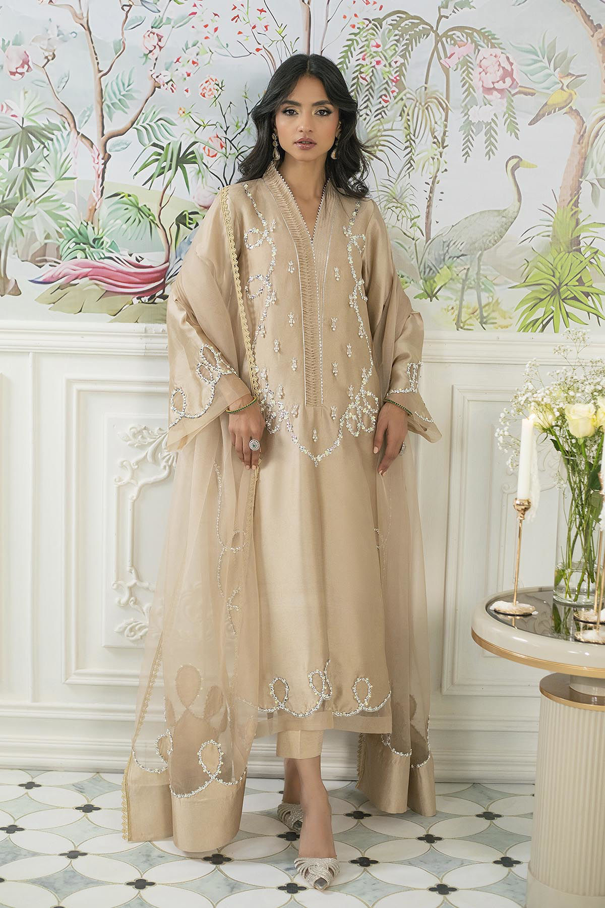 Gold-Sand Embellished Sheesha Silk Salwar Kameez (3-Piece) - Image 8