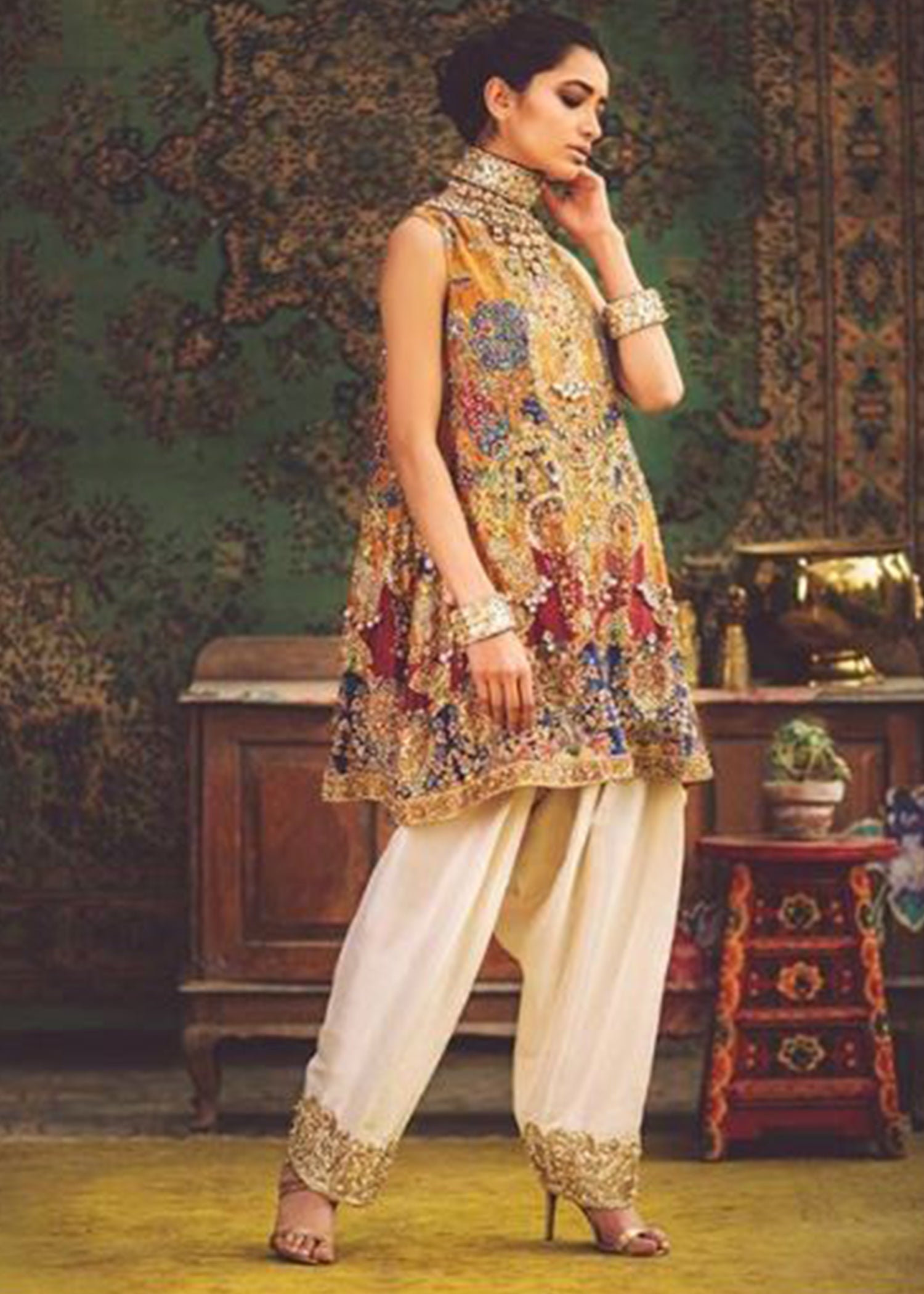 Golden-Yellow Embroidered Silk-Blend Kameez (2-Piece) - Image 1