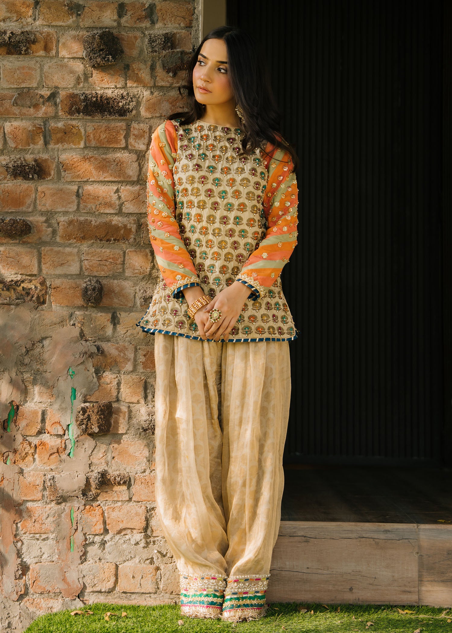 Gold Embroidered Silk Salwar Kameez (3-Piece) - Image 3