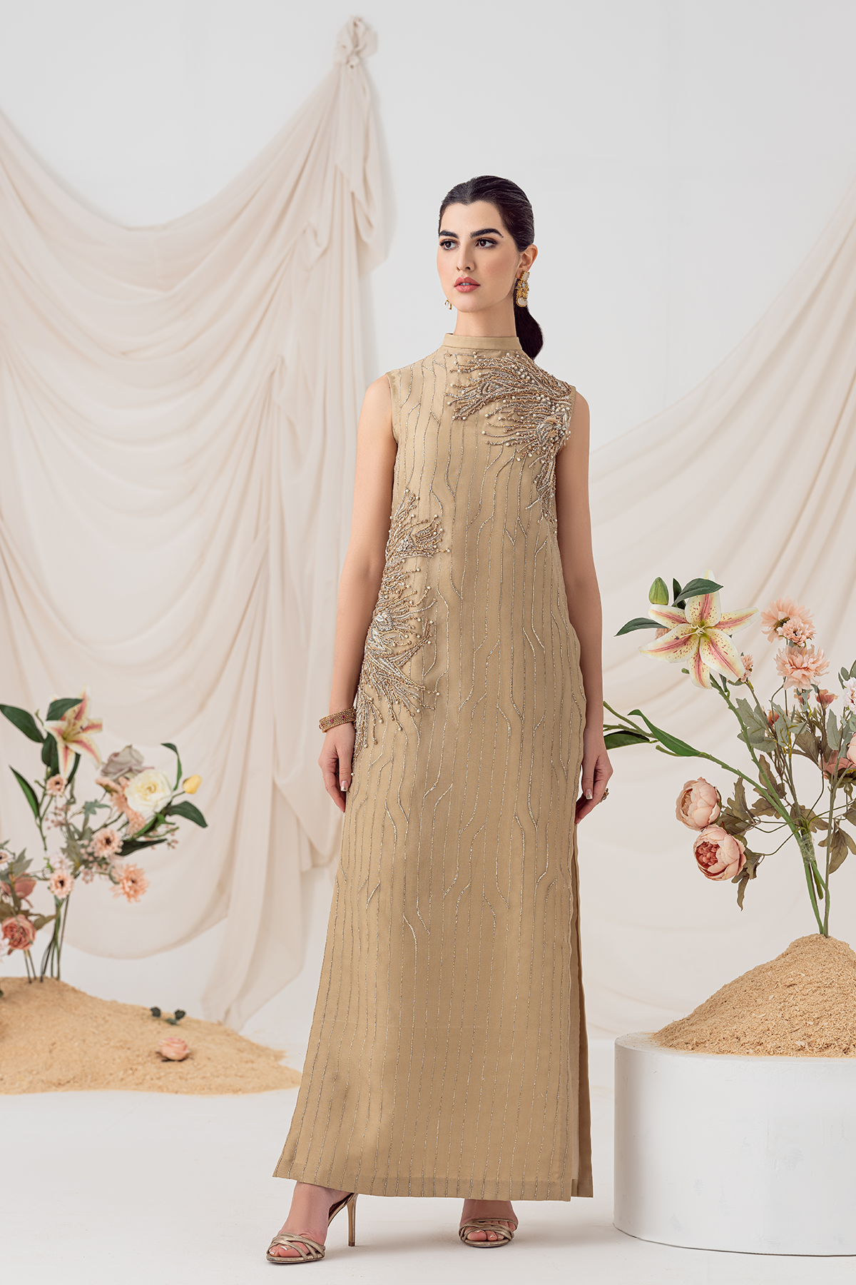 Pakistani Gold Embroidered Silk Organza Salwar Kameez (2-Piece) - Image 1