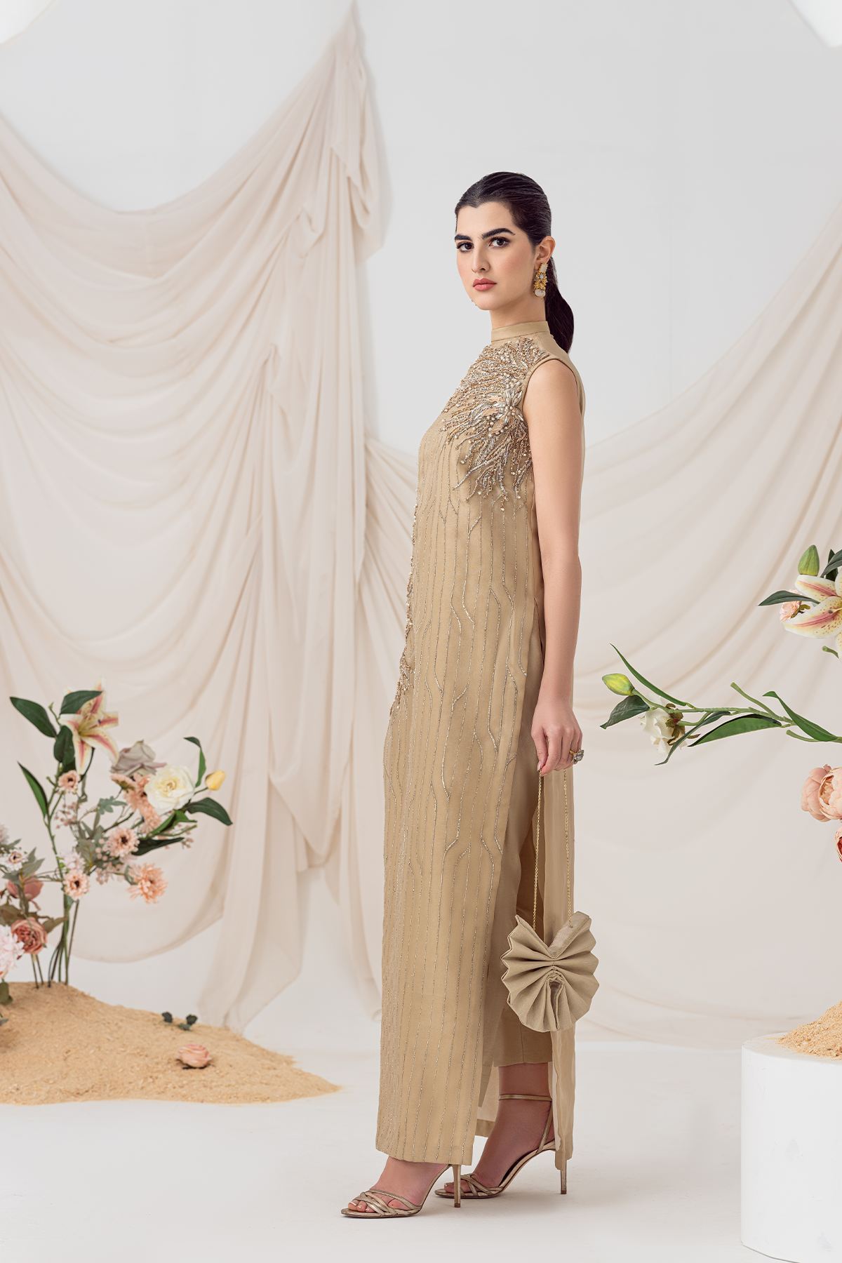 Pakistani Gold Embroidered Silk Organza Salwar Kameez (2-Piece) - Image 3