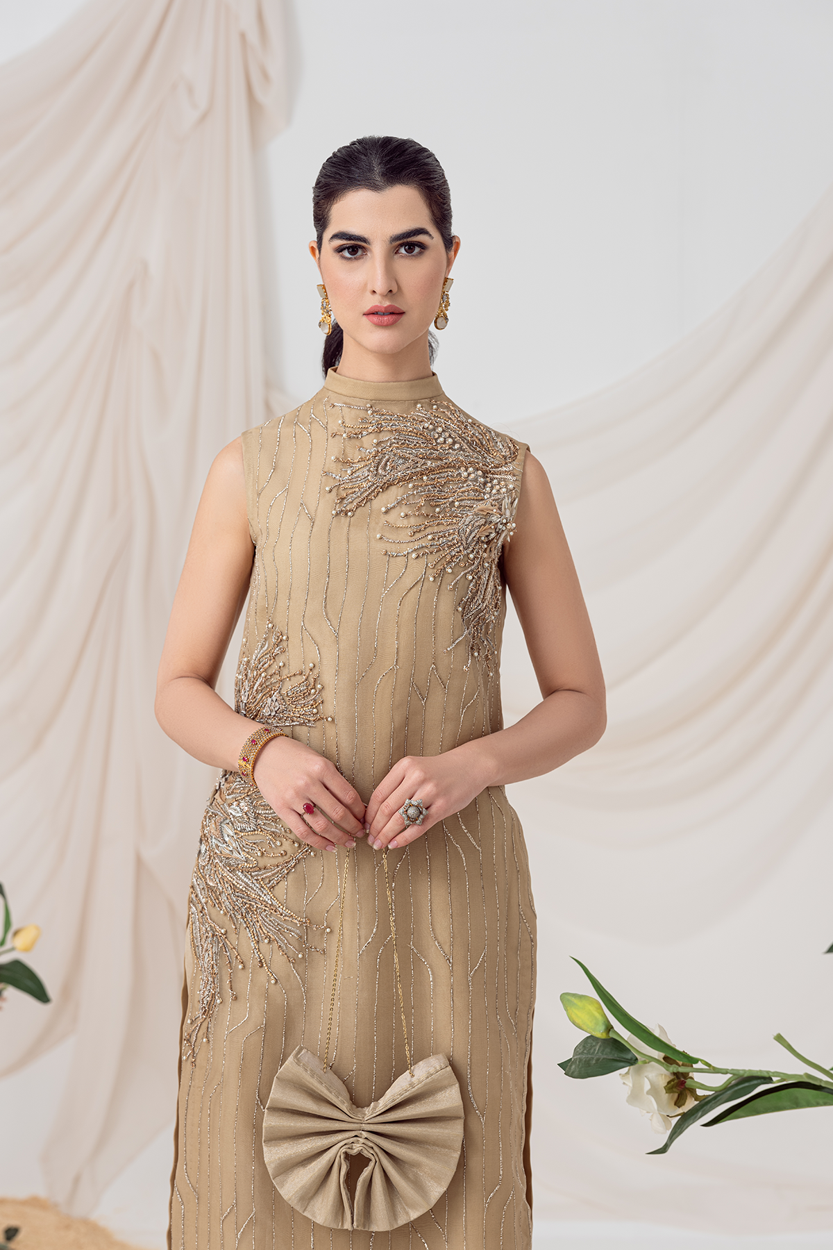 Pakistani Gold Embroidered Silk Organza Salwar Kameez (2-Piece) - Image 4