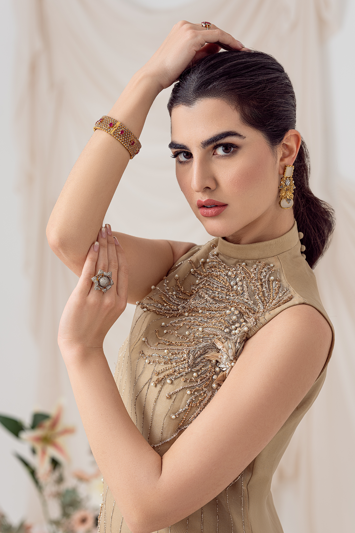 Pakistani Gold Embroidered Silk Organza Salwar Kameez (2-Piece) - Image 7