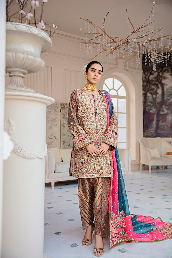 Pakistani Antique Gold Embroidered Tissue Salwar Kameez (3-Piece) - Image 1