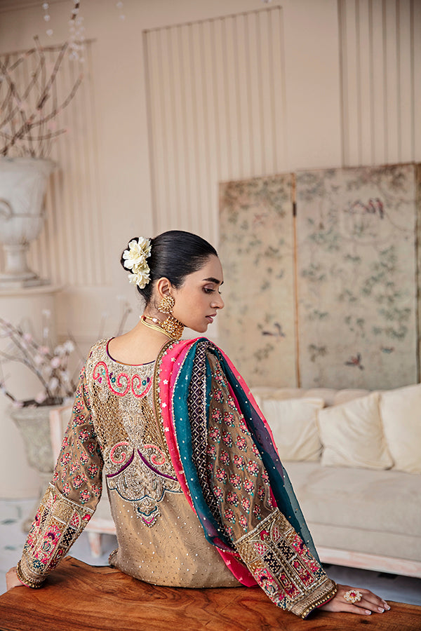 Pakistani Antique Gold Embroidered Tissue Salwar Kameez (3-Piece) - Image 2