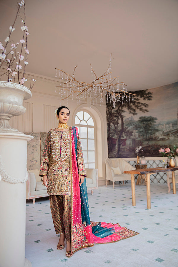 Pakistani Antique Gold Embroidered Tissue Salwar Kameez (3-Piece) - Image 4