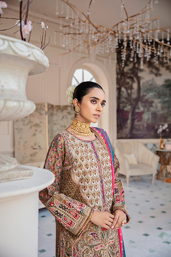 Pakistani Antique Gold Embroidered Tissue Salwar Kameez (3-Piece) - Image 5