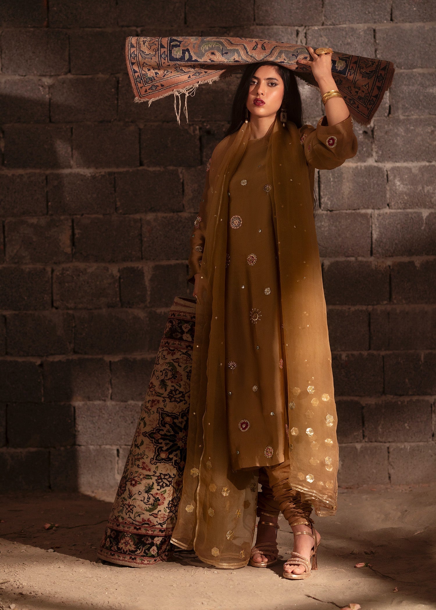 Bronze Hand-Embellished Tissue Silk Kurta Set (3-Piece) - Image 10