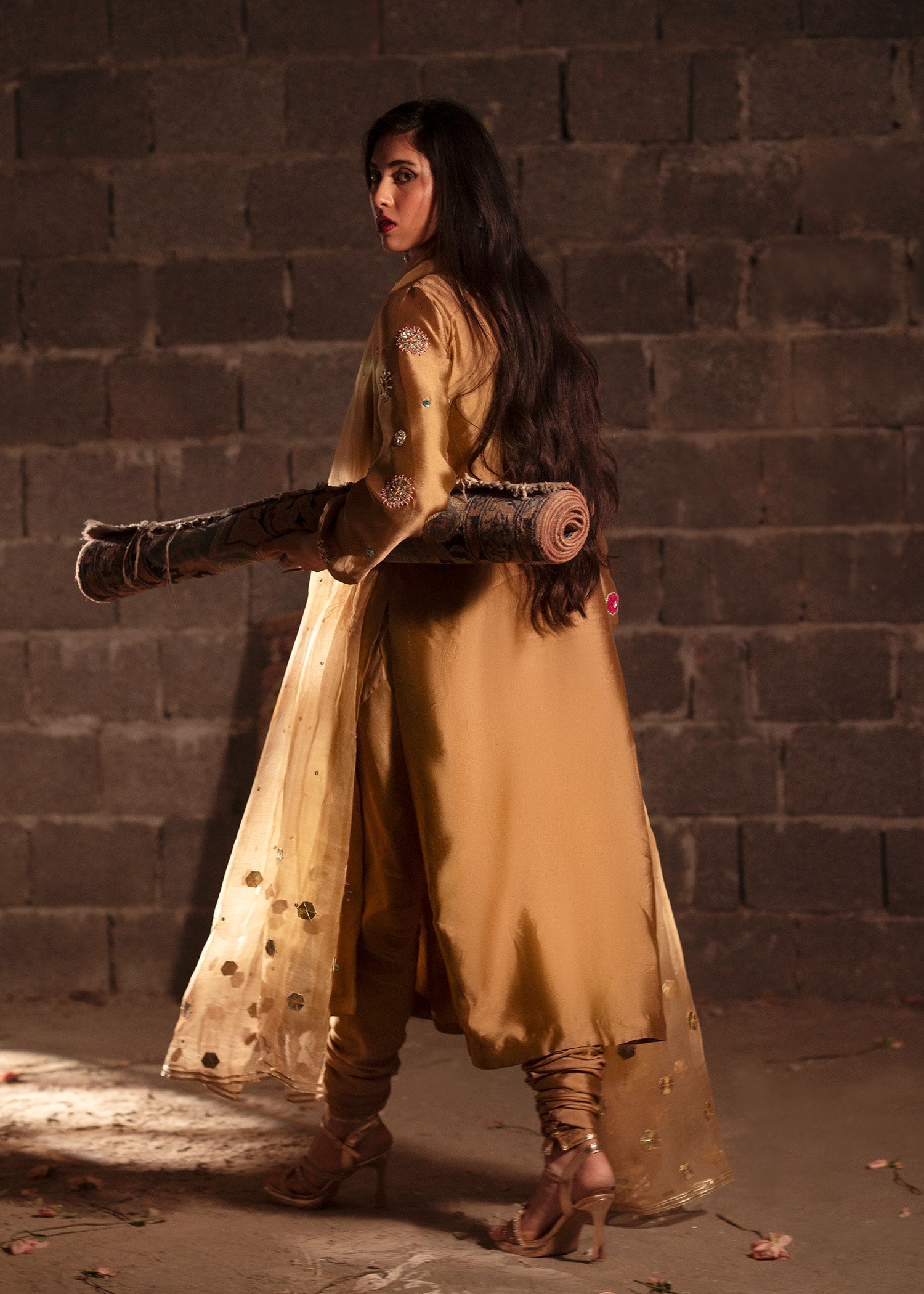 Bronze Hand-Embellished Tissue Silk Kurta Set (3-Piece) - Image 11