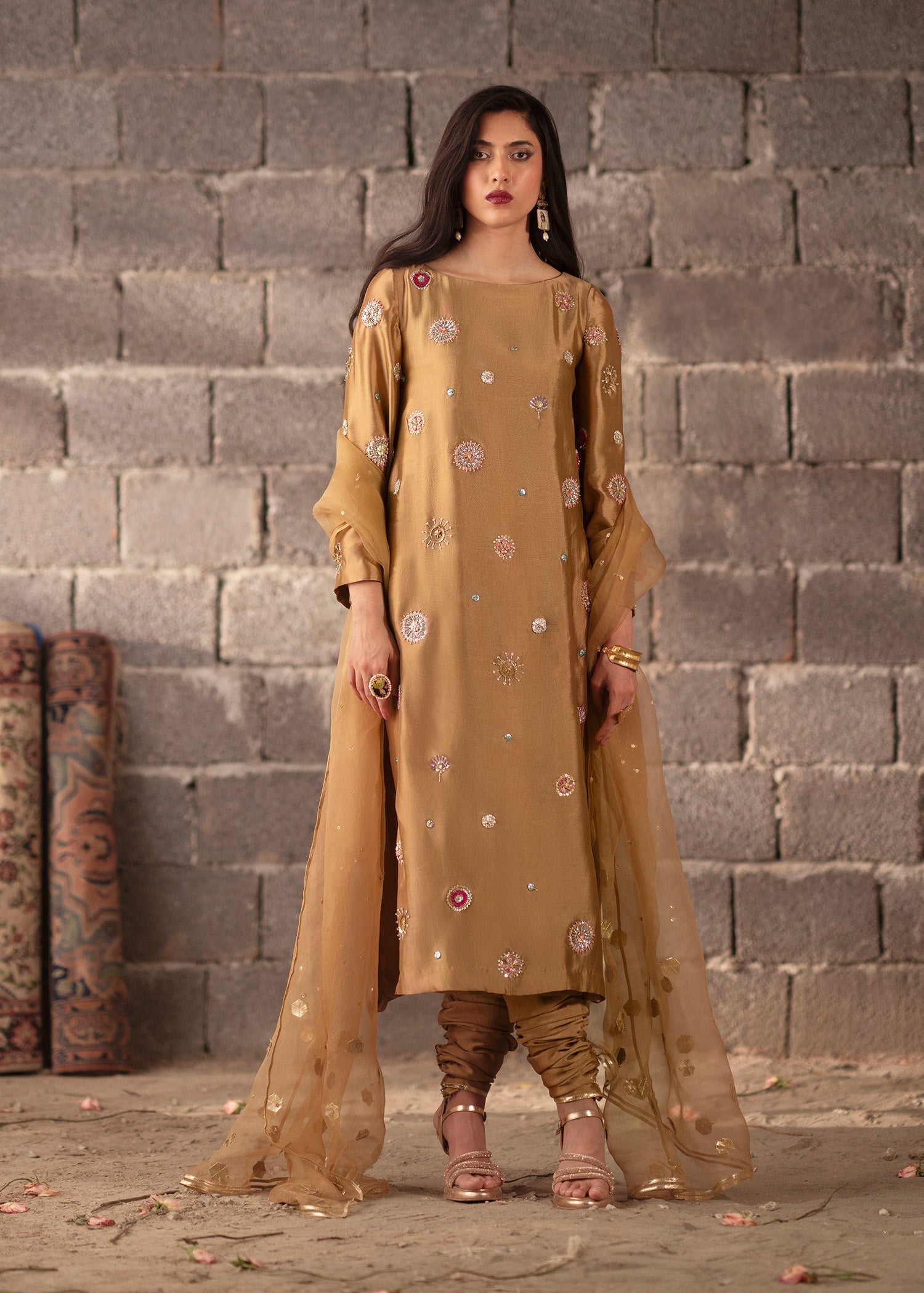 Bronze Hand-Embellished Tissue Silk Kurta Set (3-Piece) - Image 2