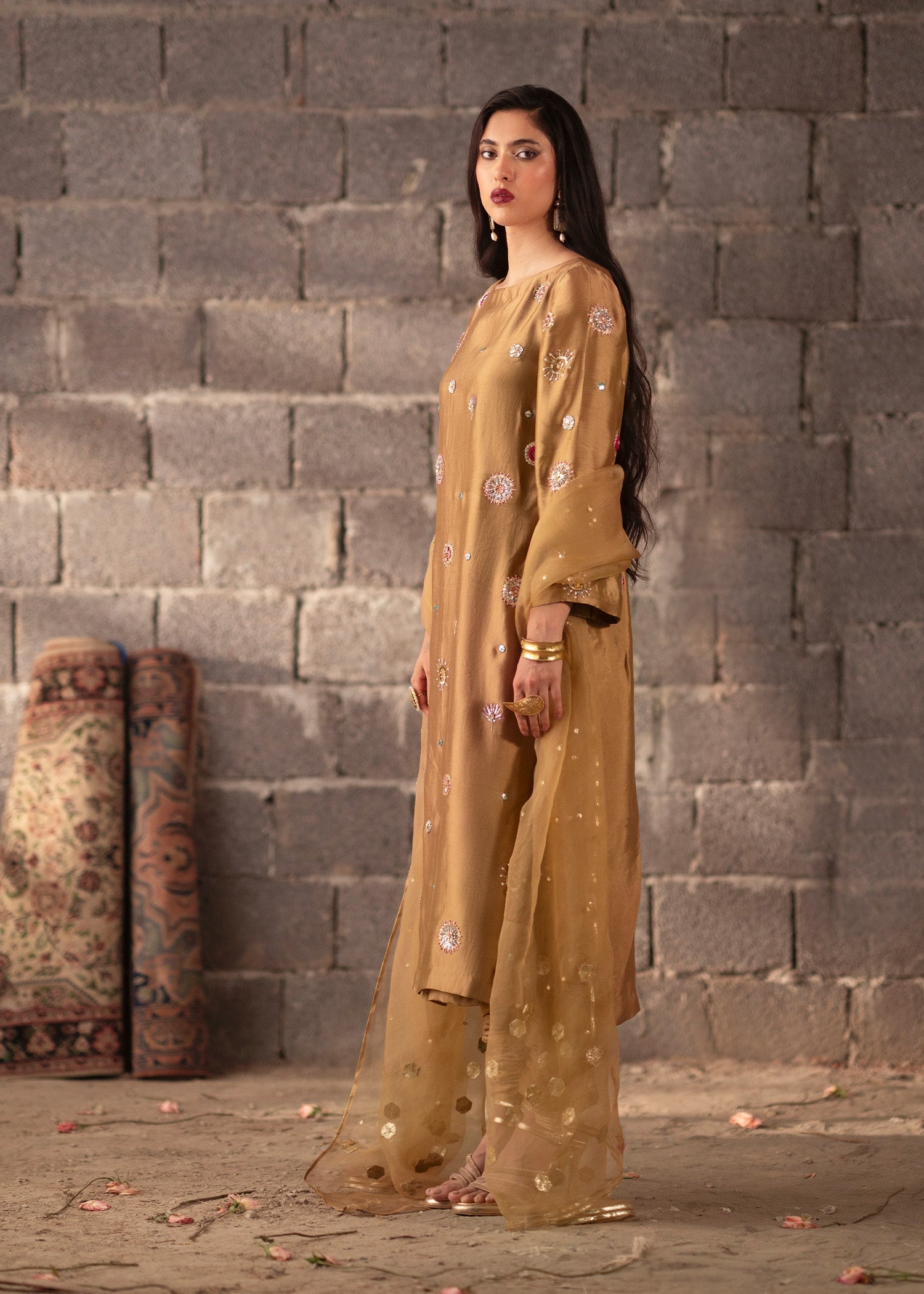 Bronze Hand-Embellished Tissue Silk Kurta Set (3-Piece) - Image 3