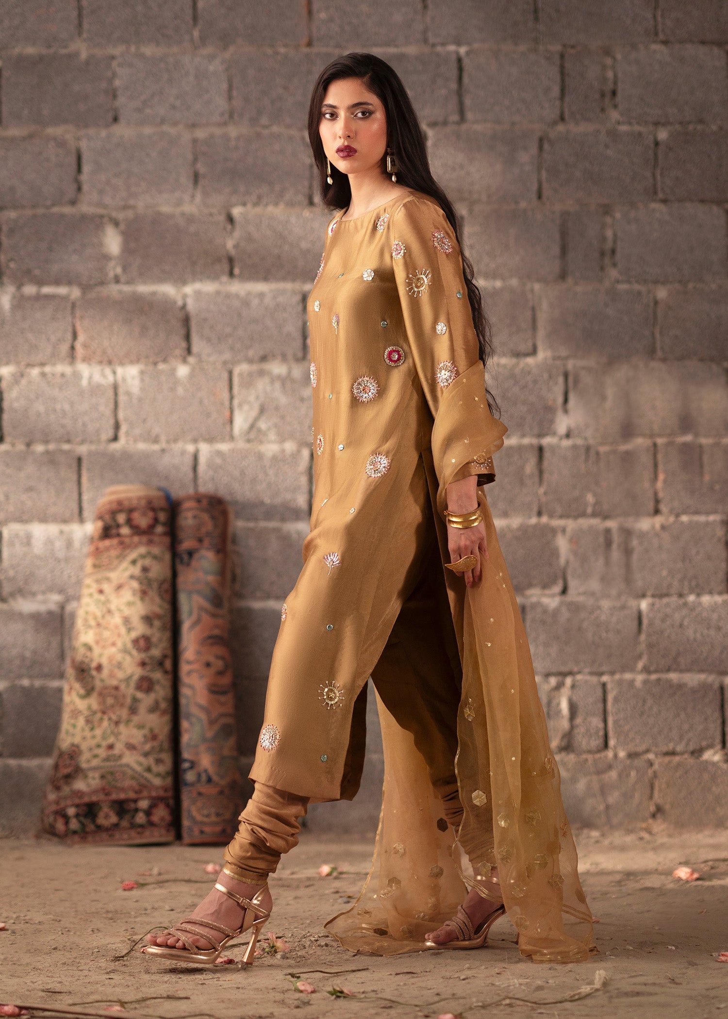 Bronze Hand-Embellished Tissue Silk Kurta Set (3-Piece) - Image 4