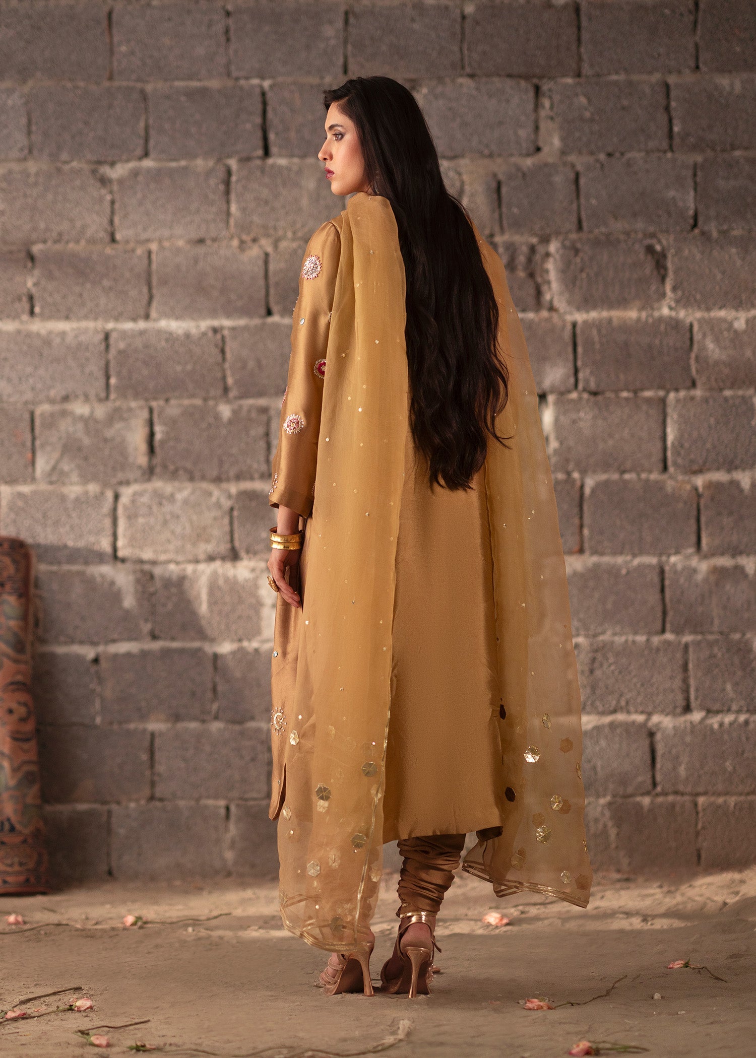 Bronze Hand-Embellished Tissue Silk Kurta Set (3-Piece) - Image 5