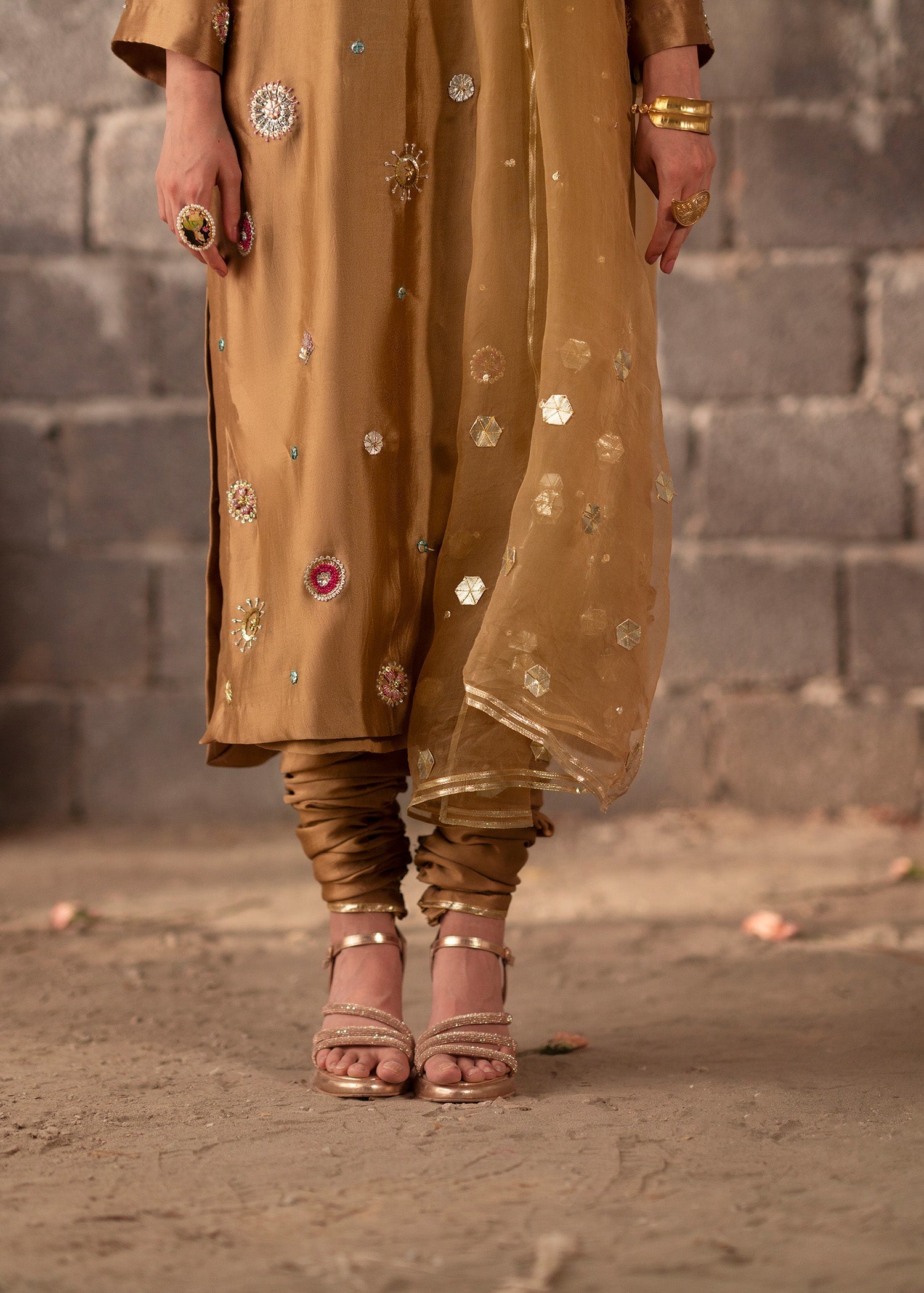 Bronze Hand-Embellished Tissue Silk Kurta Set (3-Piece) - Image 6