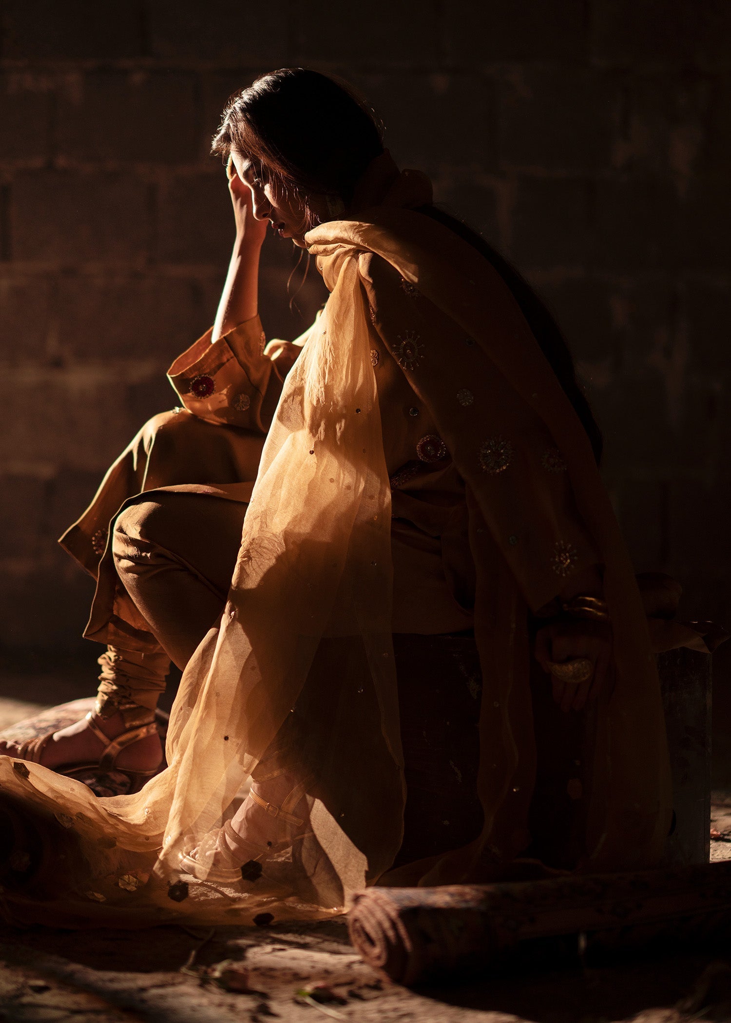 Bronze Hand-Embellished Tissue Silk Kurta Set (3-Piece) - Image 8