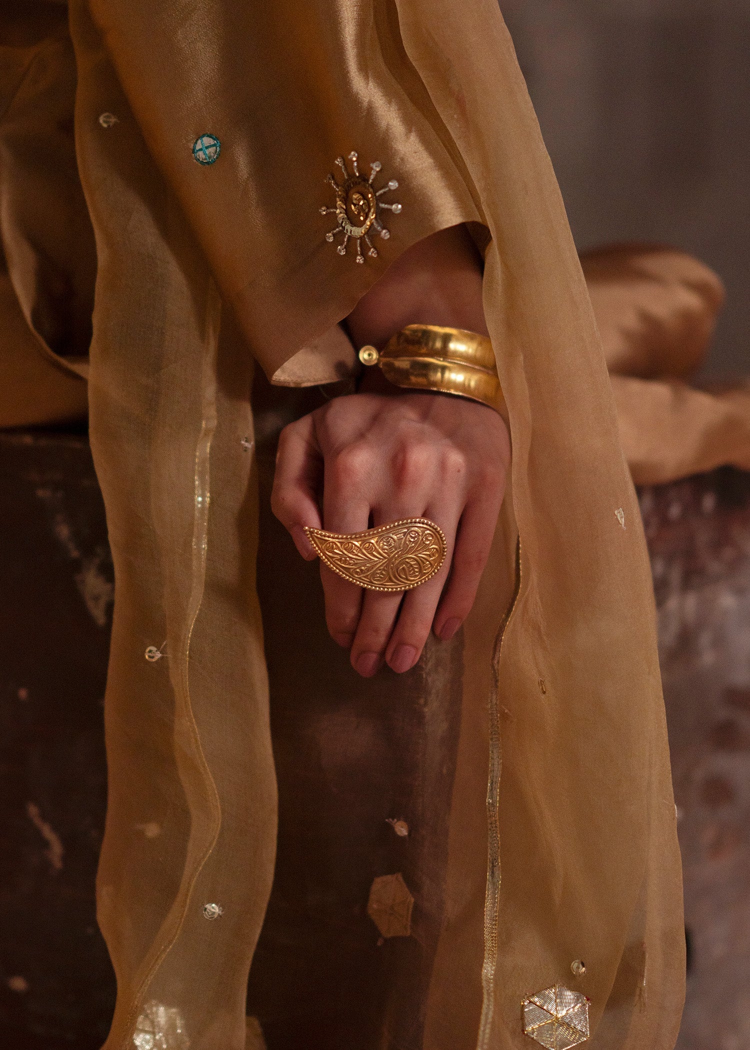 Bronze Hand-Embellished Tissue Silk Kurta Set (3-Piece) - Image 9