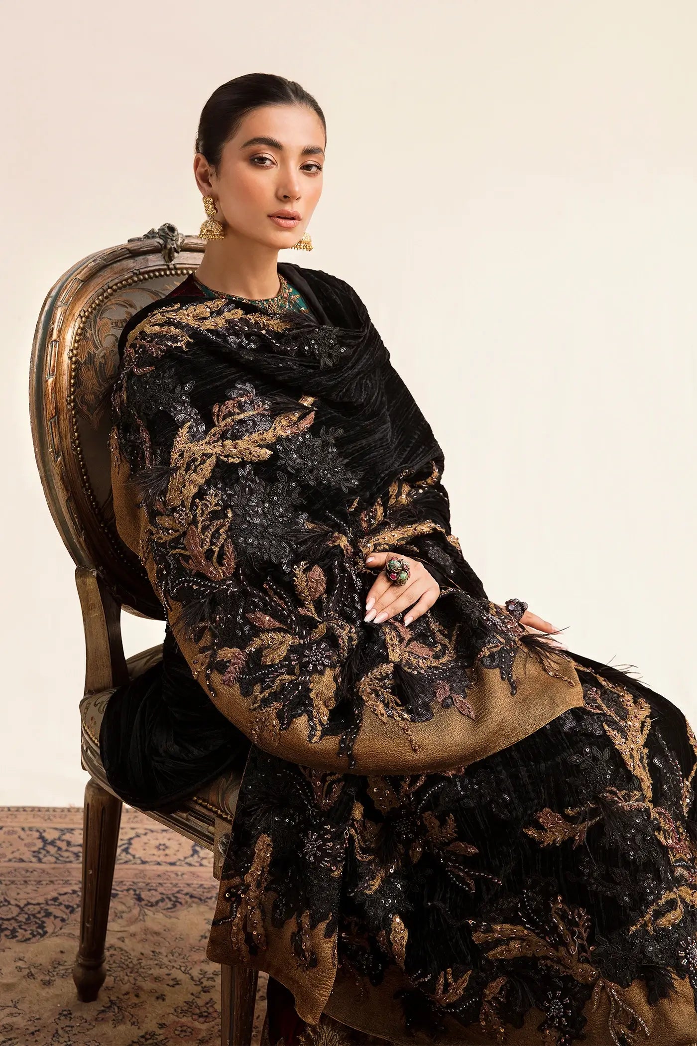 Pakistani Jet Black Velvet Shawl with Bronze Tissue Silk Salwar Kameez (3-Piece) - Image 1
