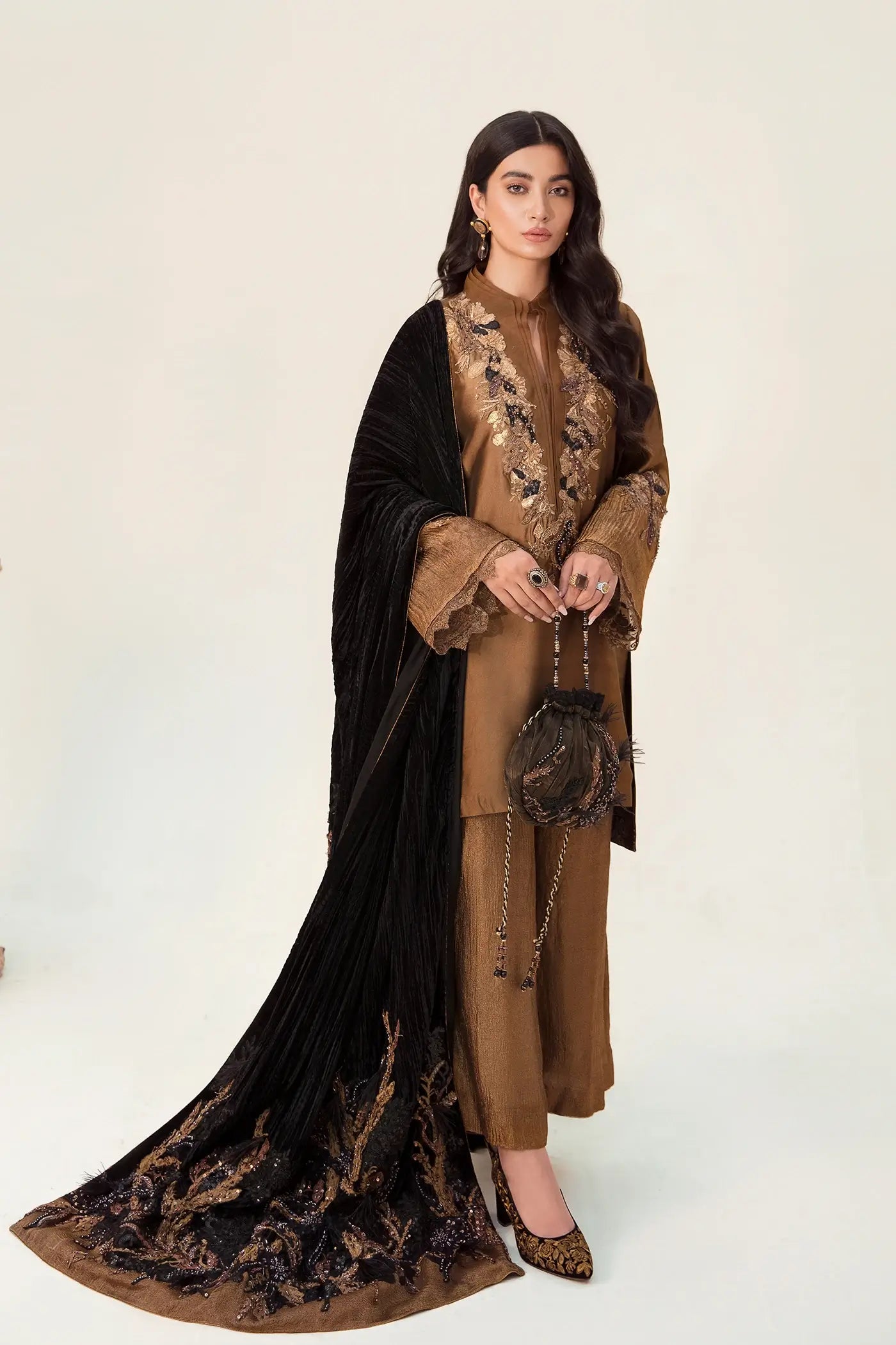 Pakistani Jet Black Velvet Shawl with Bronze Tissue Silk Salwar Kameez (3-Piece) - Image 2