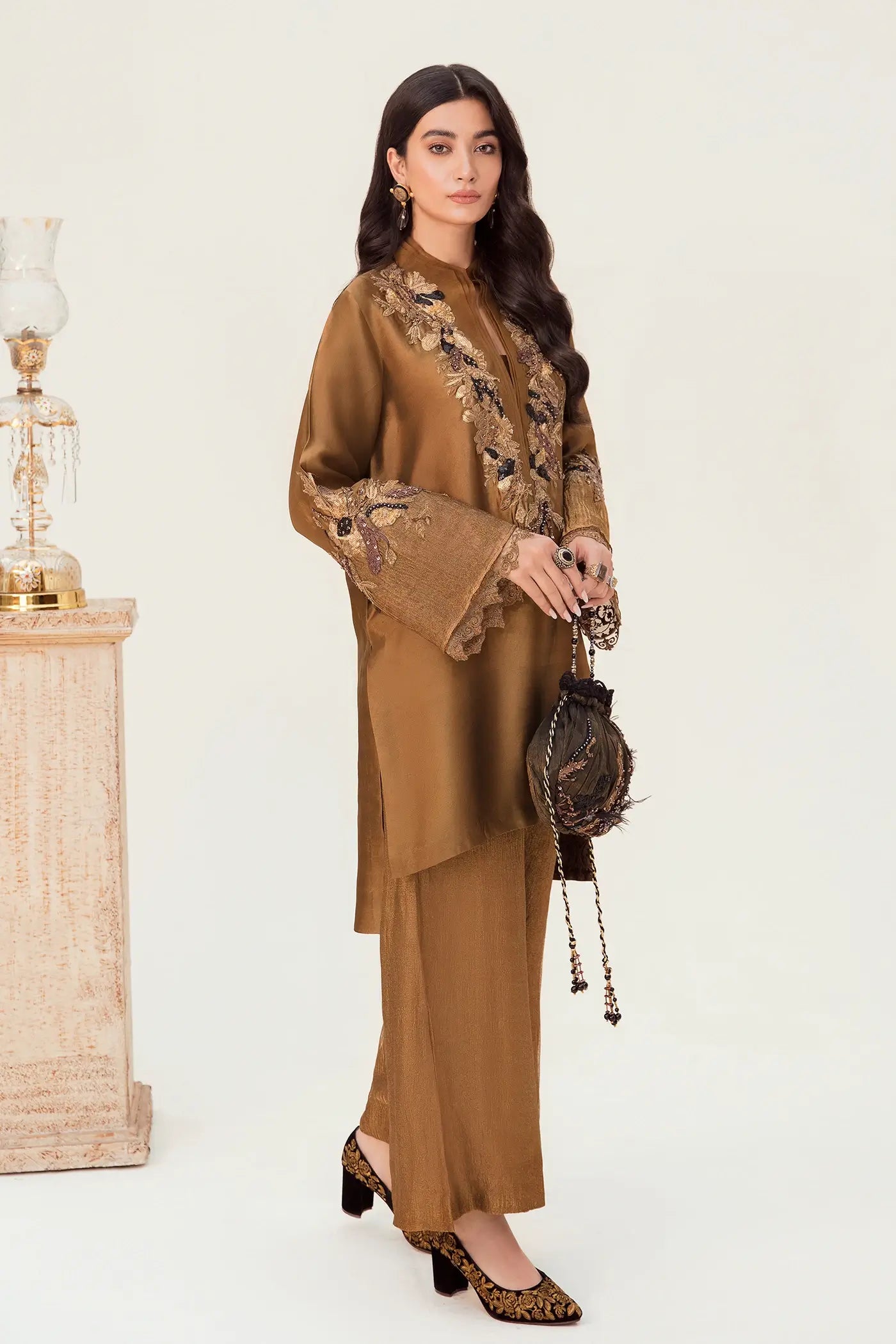 Pakistani Jet Black Velvet Shawl with Bronze Tissue Silk Salwar Kameez (3-Piece) - Image 3