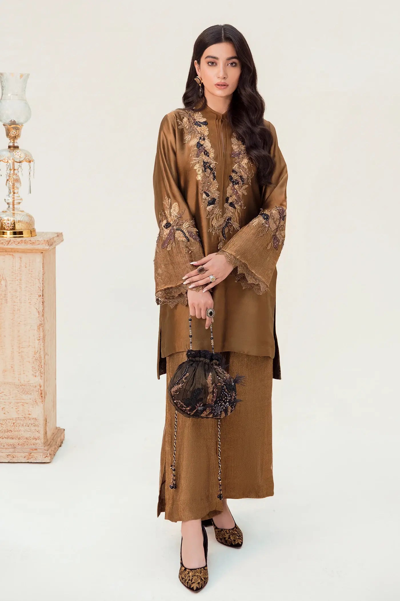 Pakistani Jet Black Velvet Shawl with Bronze Tissue Silk Salwar Kameez (3-Piece) - Image 4