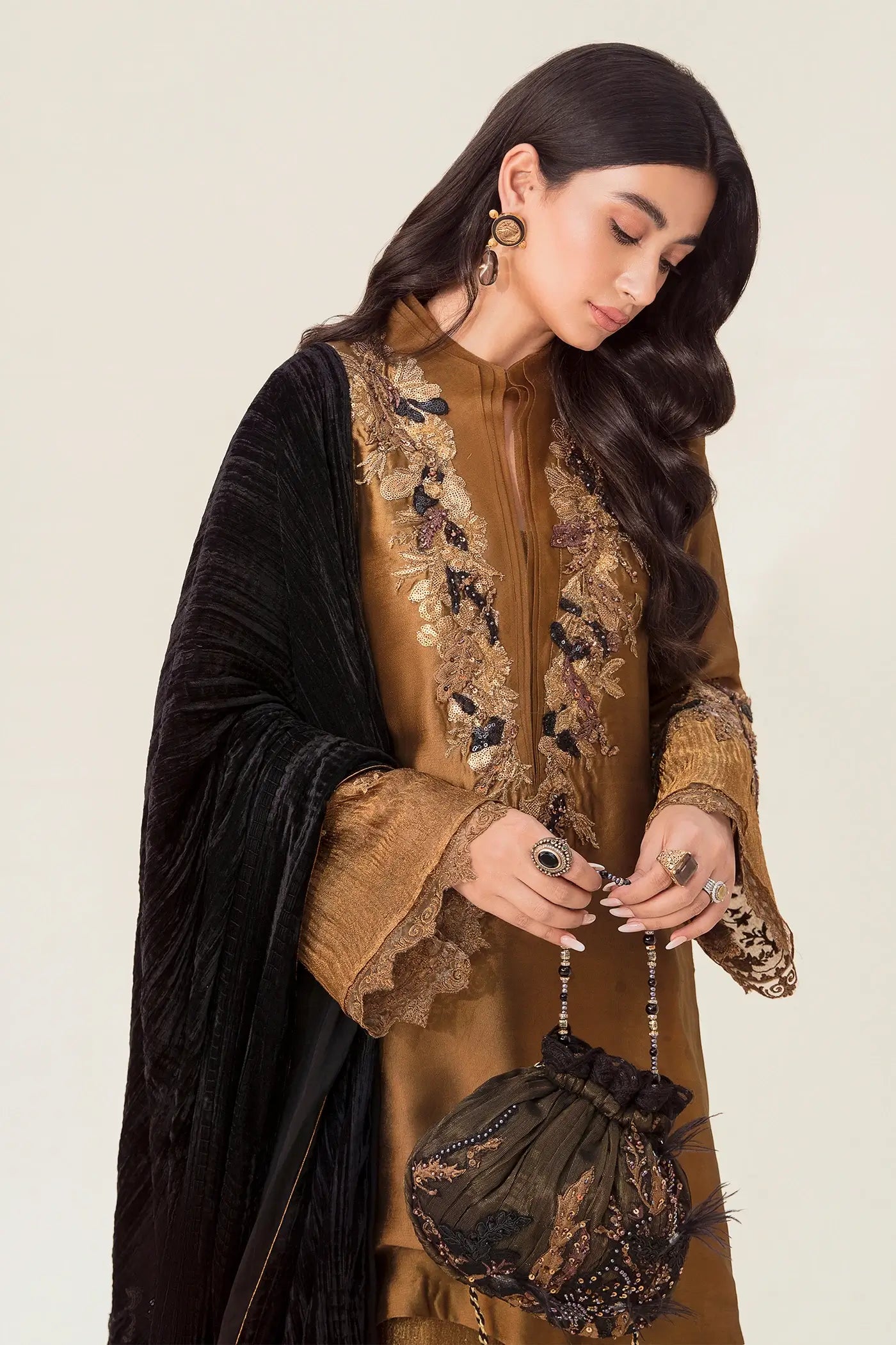 Pakistani Jet Black Velvet Shawl with Bronze Tissue Silk Salwar Kameez (3-Piece) - Image 5