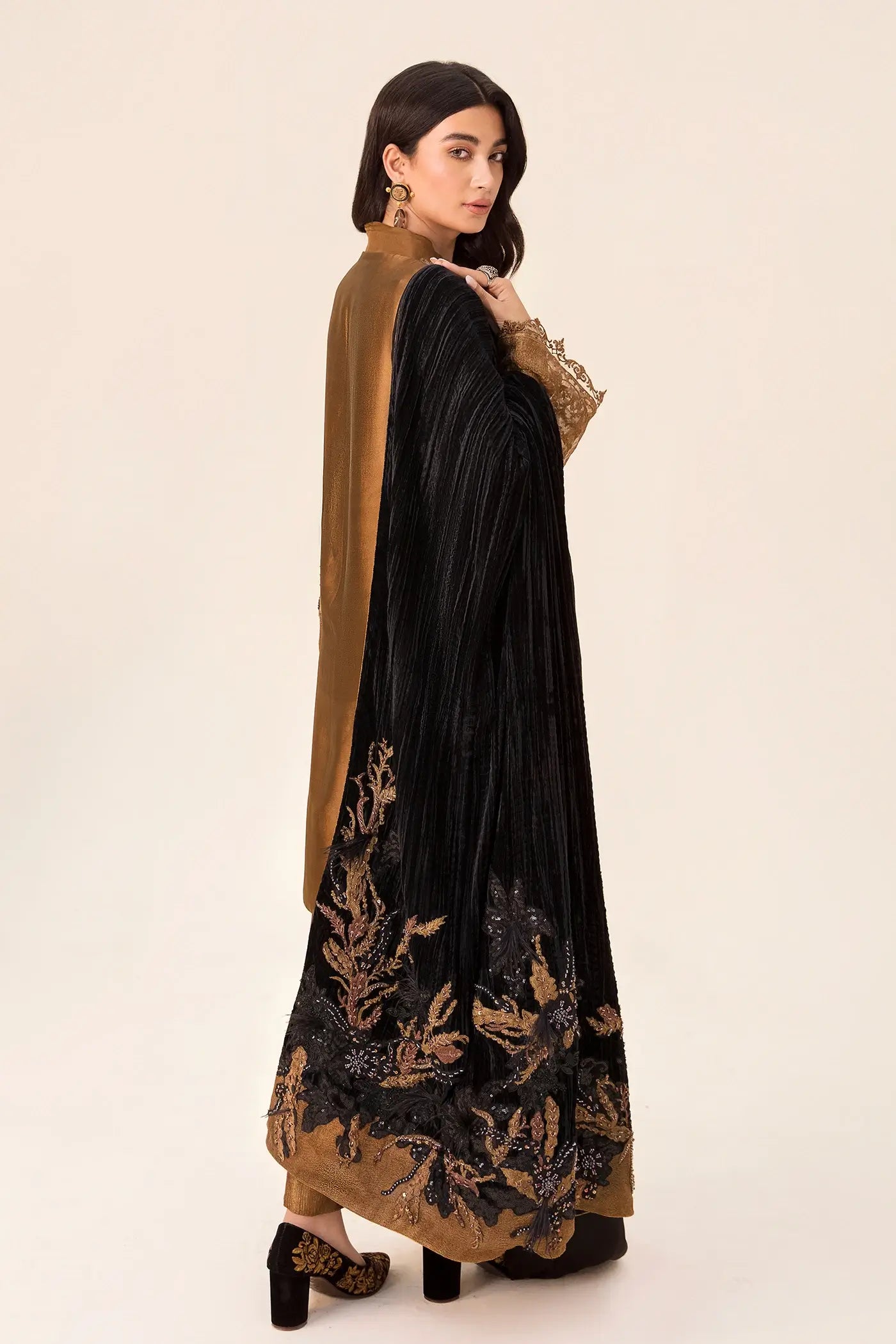 Pakistani Jet Black Velvet Shawl with Bronze Tissue Silk Salwar Kameez (3-Piece) - Image 6