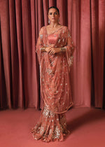 Pakistani Rose Gold Embellished Net Saree (2-Piece) - Image 4