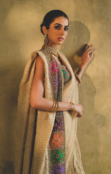 Nude-Gold Gota Silk-Blend Lehnga-Sari (3-Piece) - Image 3