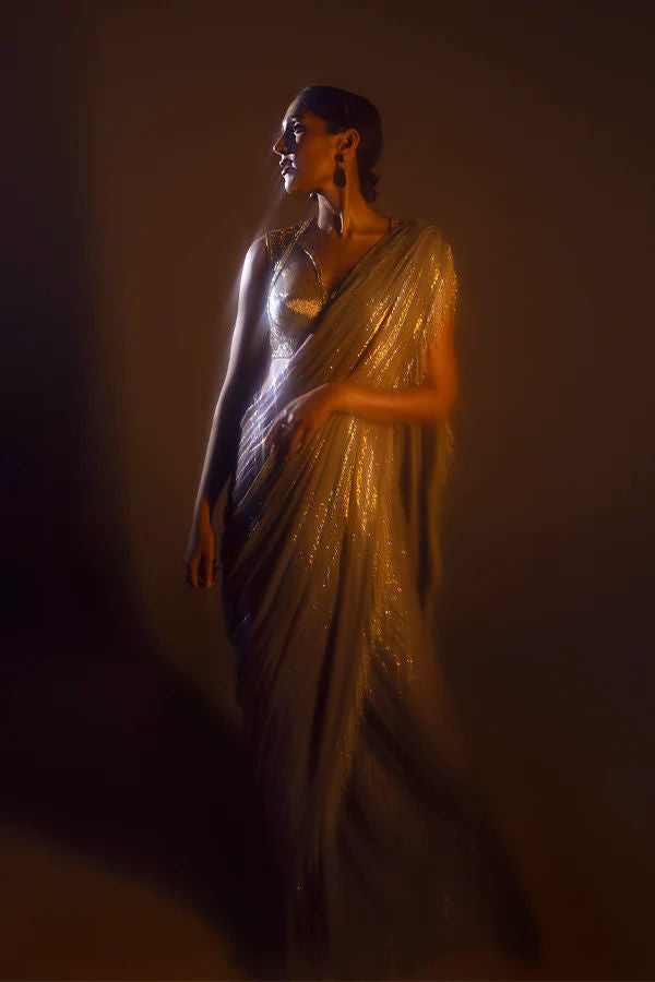 Pakistani Gold Metallic Threadwork Silk-Blend Saree (2-Piece) - Image 1