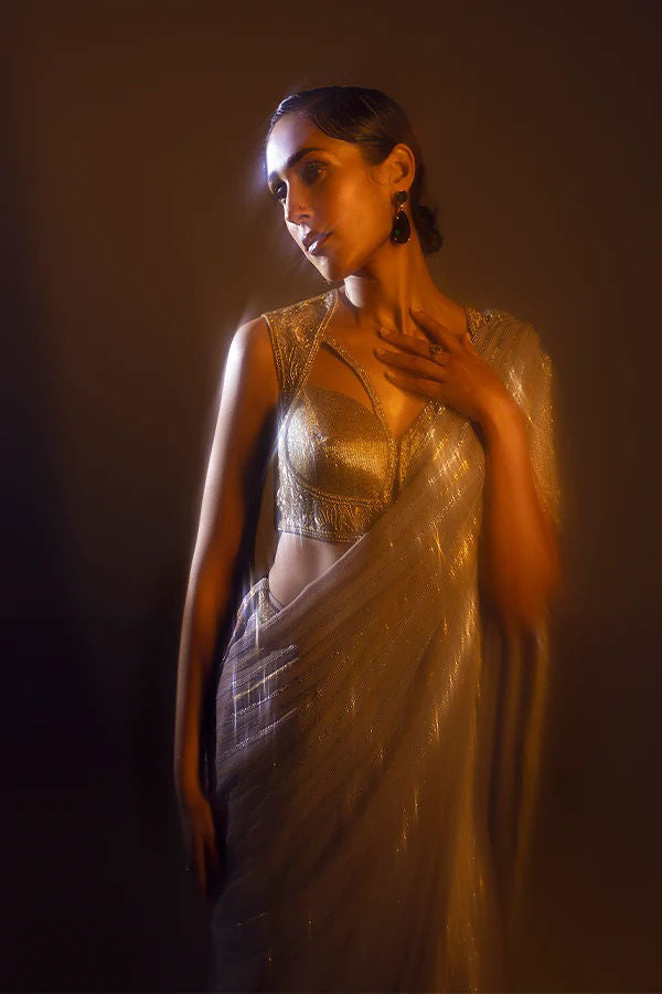 Pakistani Gold Metallic Threadwork Silk-Blend Saree (2-Piece) - Image 2