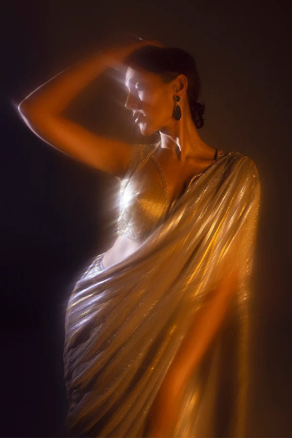 Pakistani Gold Metallic Threadwork Silk-Blend Saree (2-Piece) - Image 4