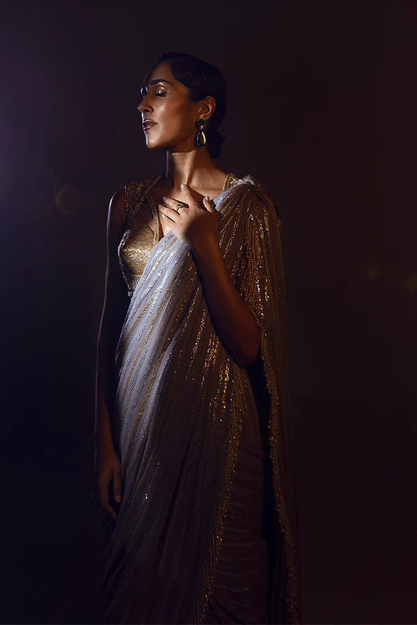 Pakistani Gold Metallic Threadwork Silk-Blend Saree (2-Piece) - Image 5