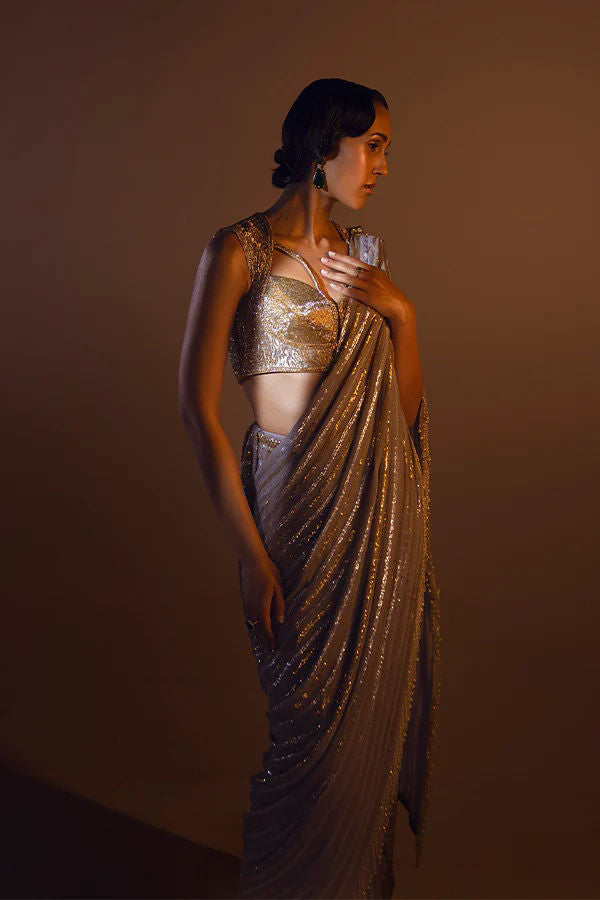 Pakistani Gold Metallic Threadwork Silk-Blend Saree (2-Piece) - Image 7