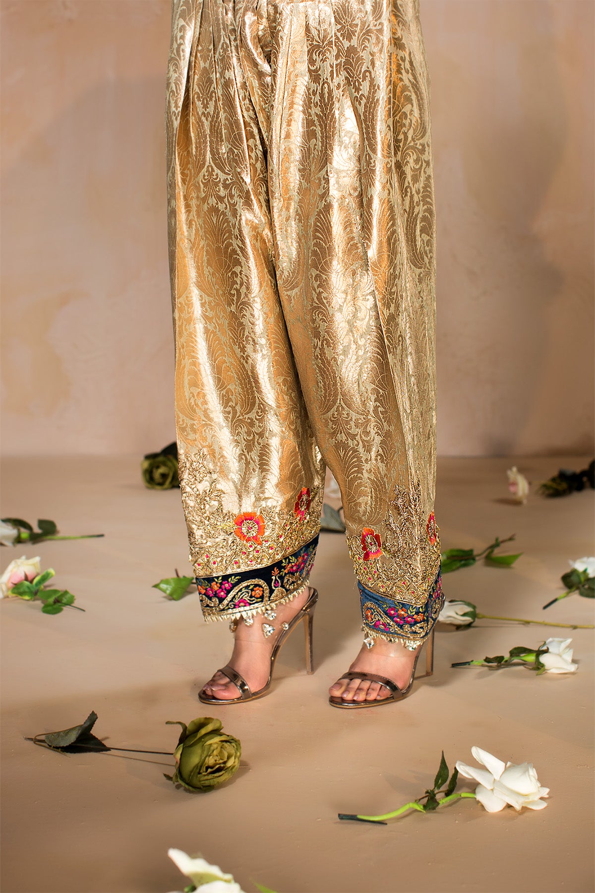 Pakistani Gold Embroidered Jamawar Shalwar (1-Pc) - Image 1