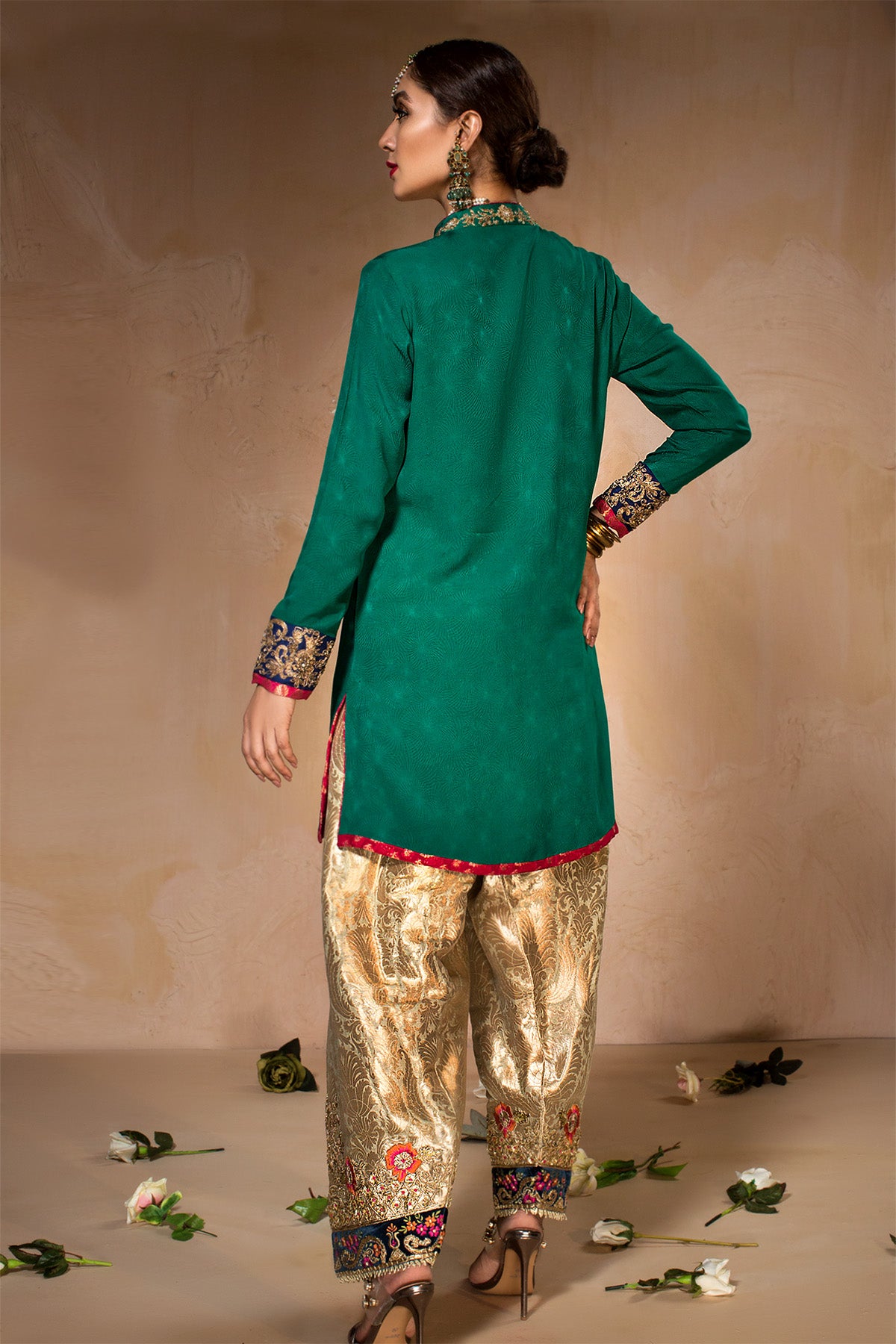 Pakistani Gold Embroidered Jamawar Shalwar (1-Pc) - Image 2