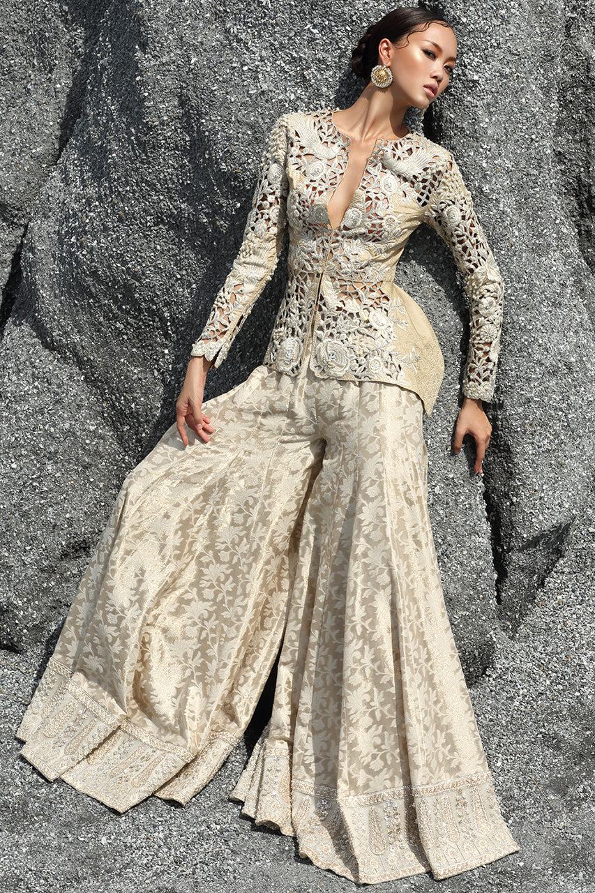 Gold Cutwork Jamawar Sharara (2-Piece) - Image 1