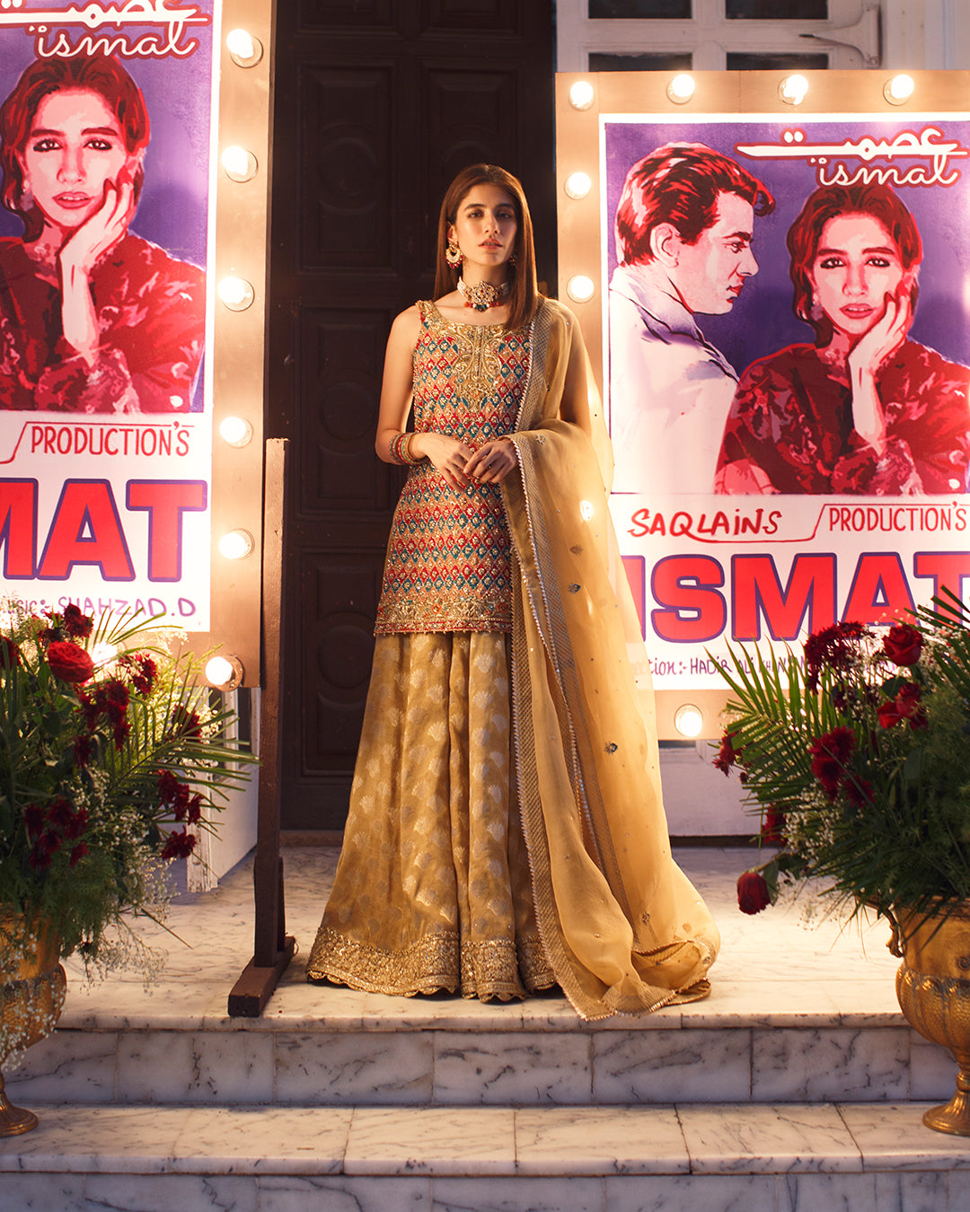 Pakistani Gold Embroidered Korean Raw Silk Kameez with Sharara (3-Piece) - Image 1