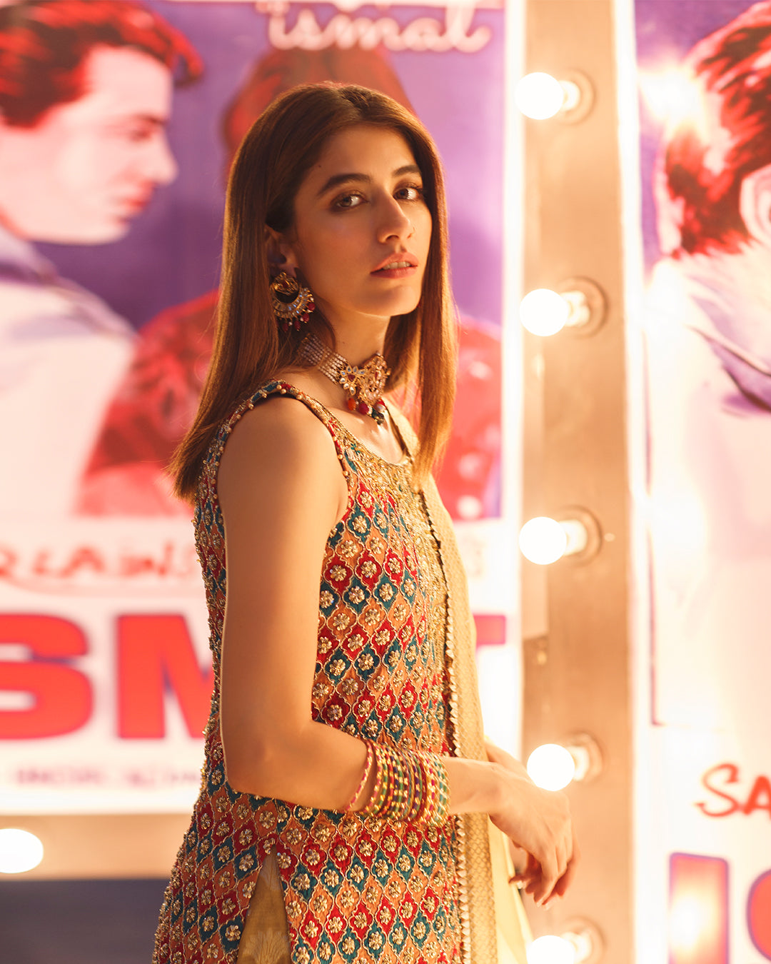 Pakistani Gold Embroidered Korean Raw Silk Kameez with Sharara (3-Piece) - Image 4